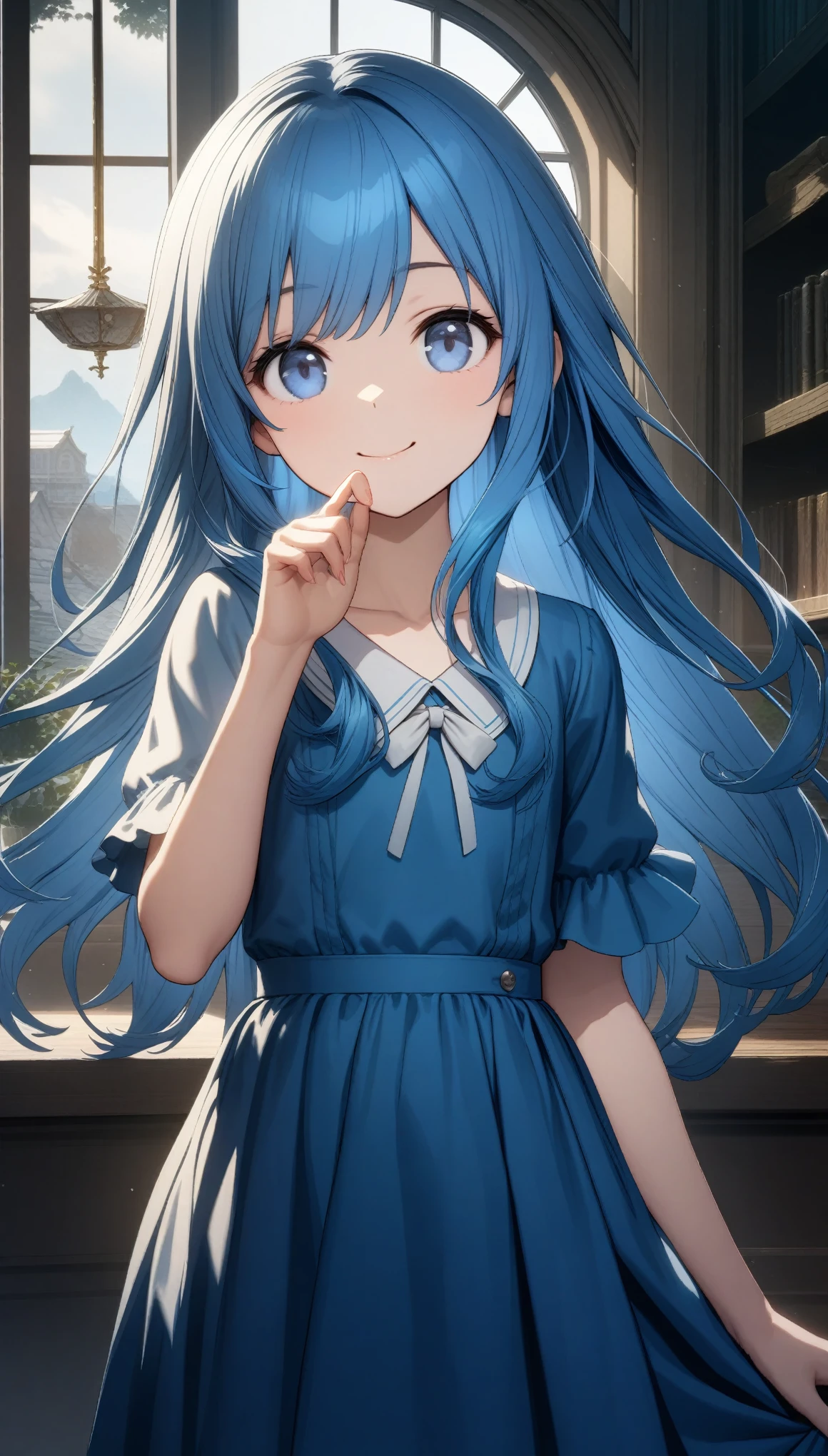 32k, best quality, ultra high res, HDR, UHD, extremely detailed CG, unity 32k wallpaper, 18-year-old, Very cute girl, Blue Hair, Long Hair, blue eyes, A beautiful and cute blue dress, from the front, A very beautiful indoor background,Close your mouth and smile happily, 