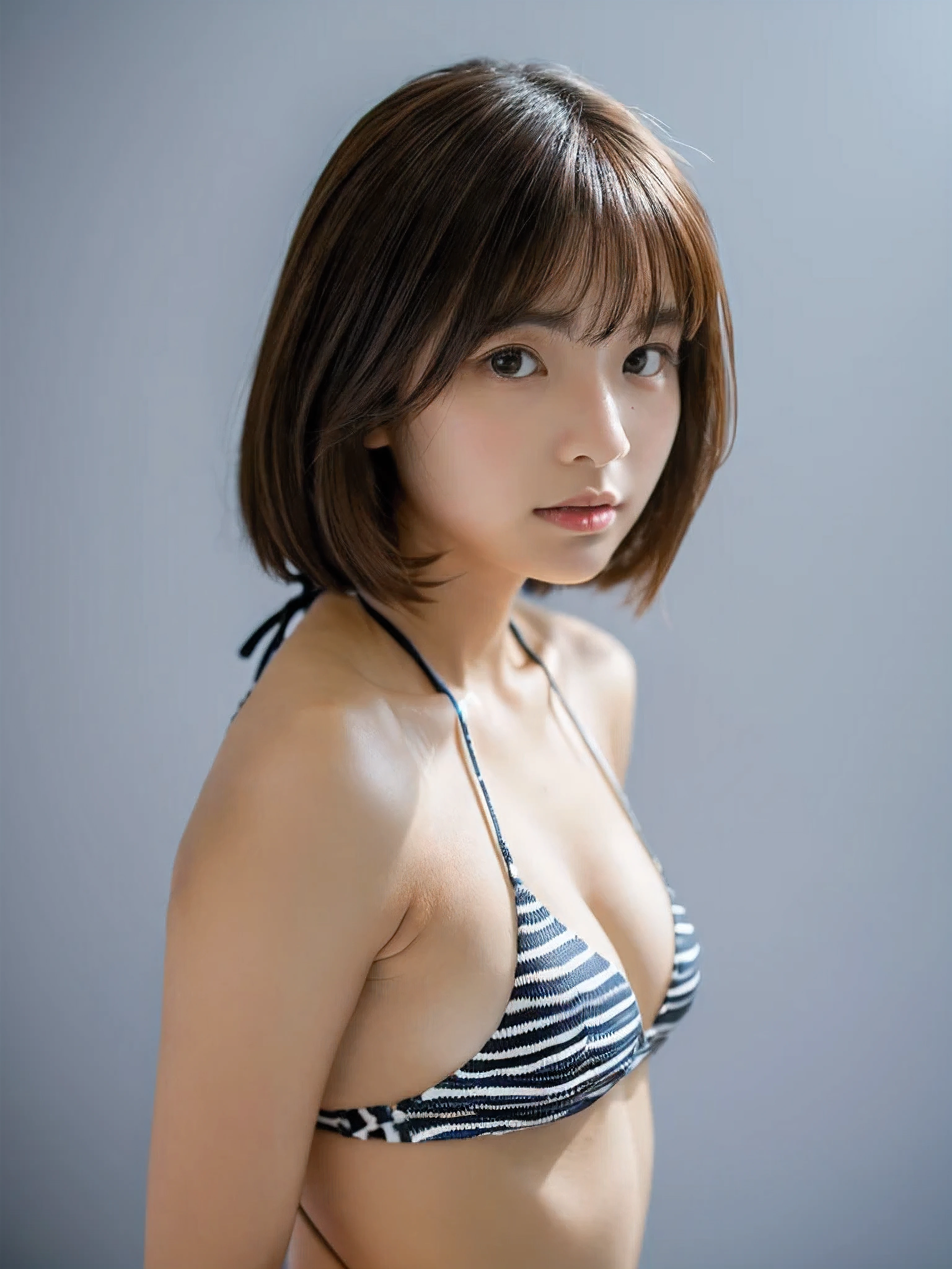 Dreamy atmosphere, High Contrast, Super sharp, Studio shot、From above、Face close-up、(Tiny Bikini:1.4), (large chest with increased tension,,:1.2), Focus on the chest、Reinforced slender body、Realistic、Photo realistic、Highly detailed cute girl、solo、18-year-old、Japanese-like facial expression, Big ample breasts、Brown Hair、short hair, Against the background of striped walls、Out of focus、Blur、