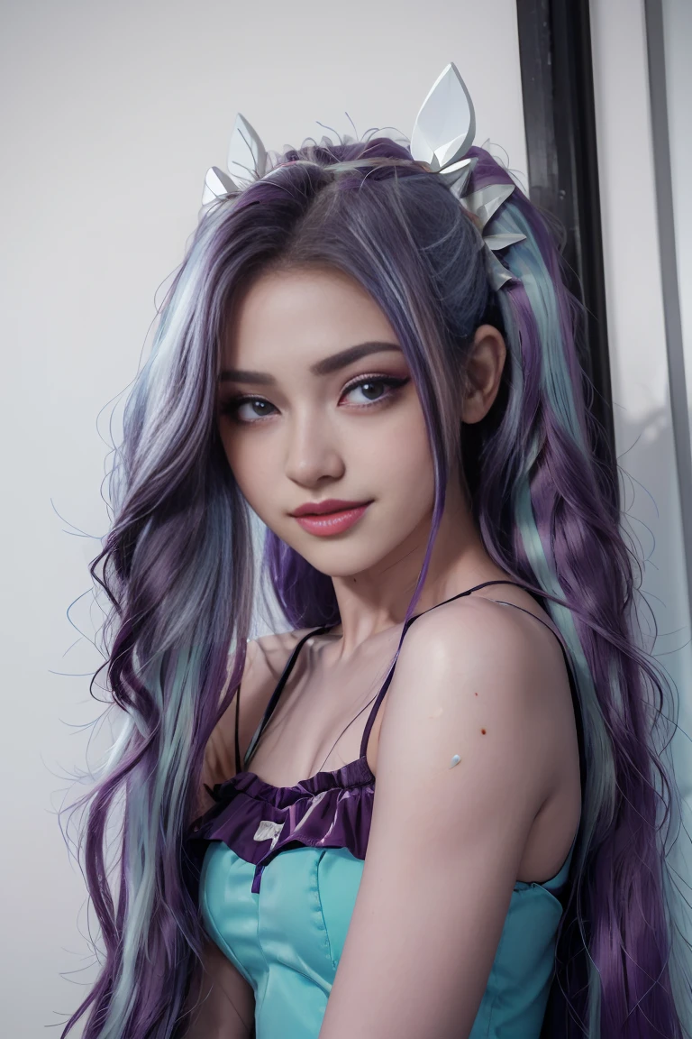 (Obra maestra, La mejor calidad:1.2), solamente, 1 chica , hermosa chica adolecente , modelo adolecente , Caucasian , mlp Aria Blaze , senos grandes ,sonrisa presumida , maquillaje , labios rojos  , 17 years , hermosa chica adolescente , Modelo adolescente , ojos color purpura , tienda , afuera es de noche , cabello color morado con mechas color turqueza , pelo color morado con mechas color turqueza con coletas  , foto de cuerpo completo , mlp , cabello azul turquesa  , outfit sexy , peinado de coletas 