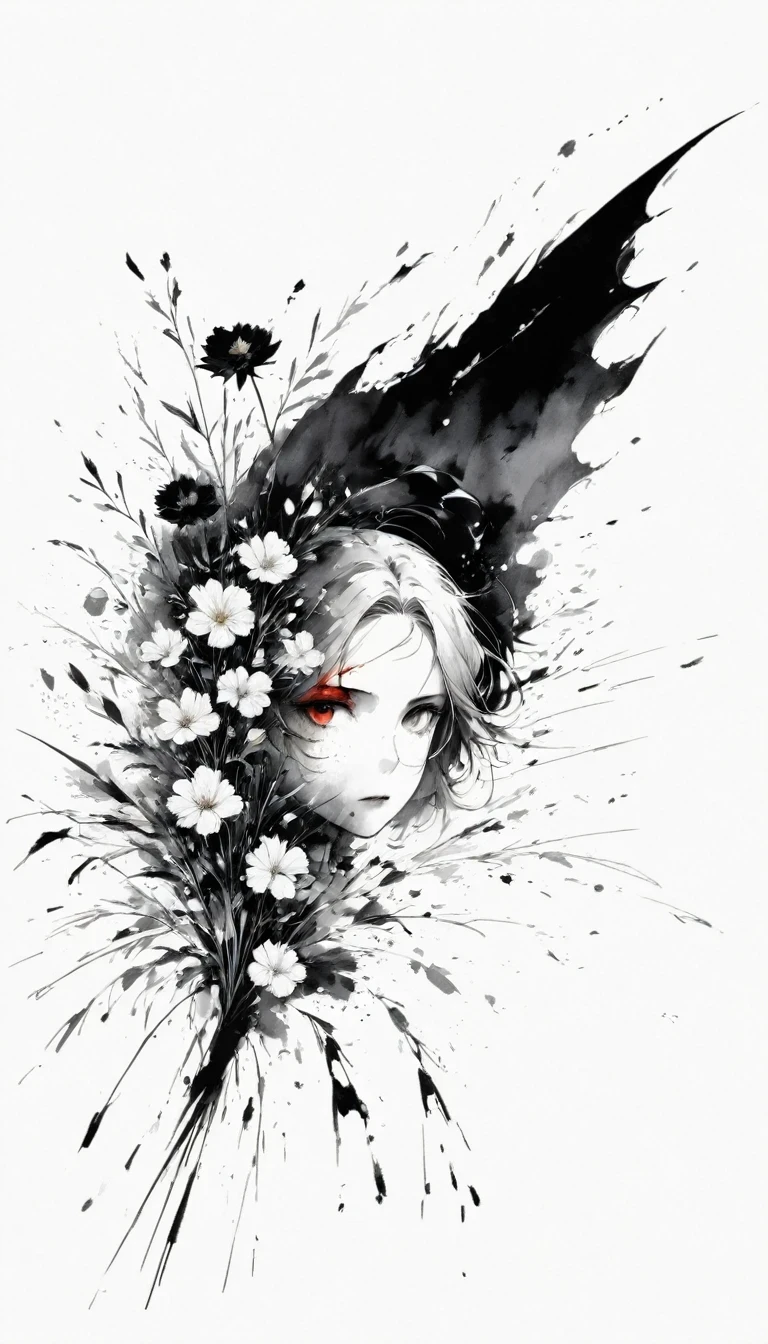 (Anime line drawing:1.5)，(Black and White:1.45)，Minimalism，(Line Art:1.6)，sketch，charcoal drawing，Black Reaper，flower，Ominous Red，Blood splatter