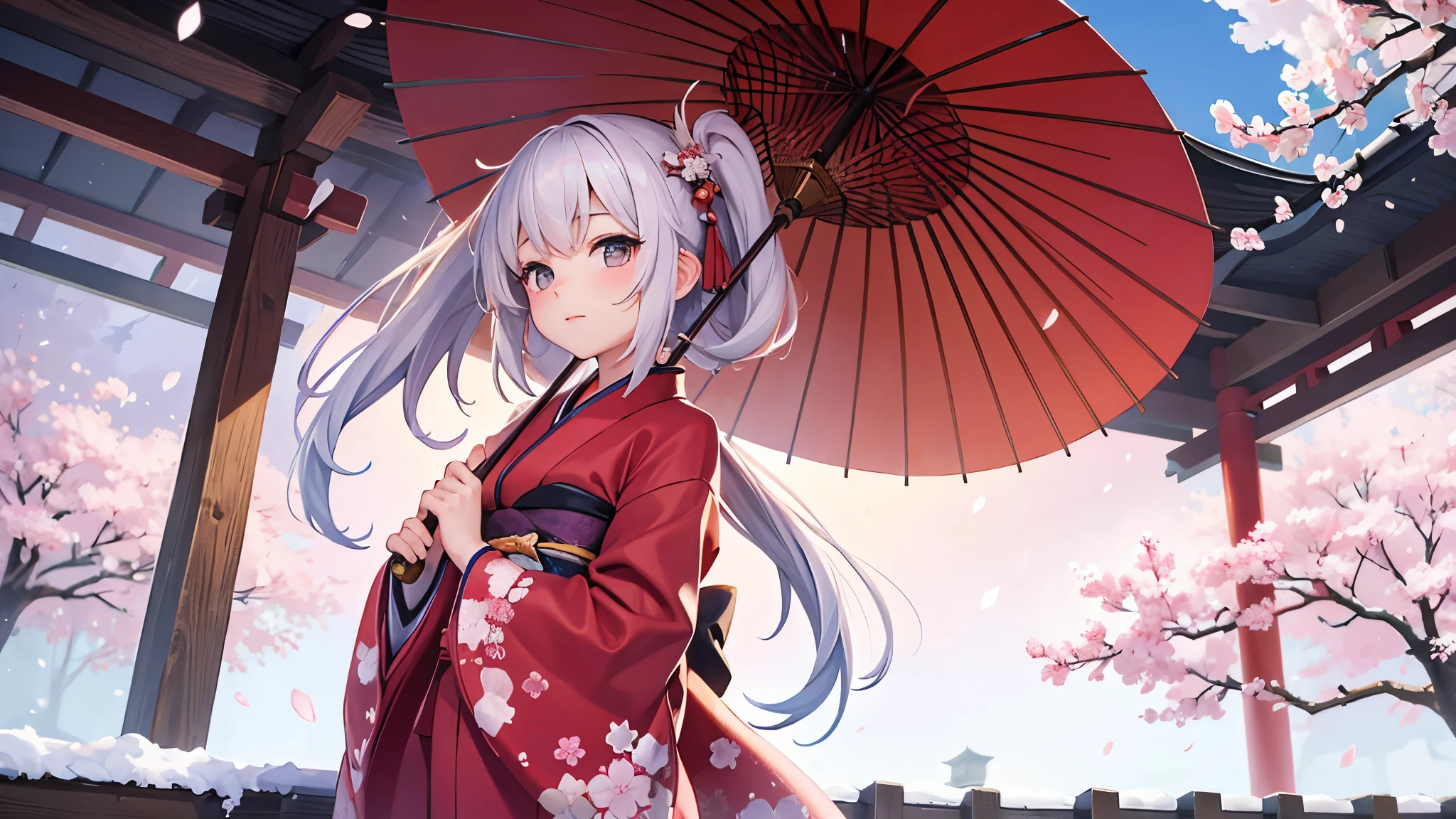 A girl in kimono with a Japanese umbrella. A cherry blossom snowstorm is dancing in the background.