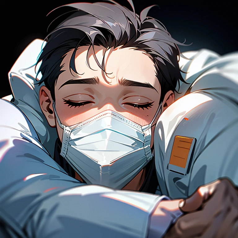 Handsome10A boy about 18 years old has an infectious disease and looks in pain. He is wearing a white mask. He has a high fever. He is sleeping. He is coughing. He is exhausted. He is taking his temperature with a thermometer. He is dying. He has a cooling gel sheet on his forehead.