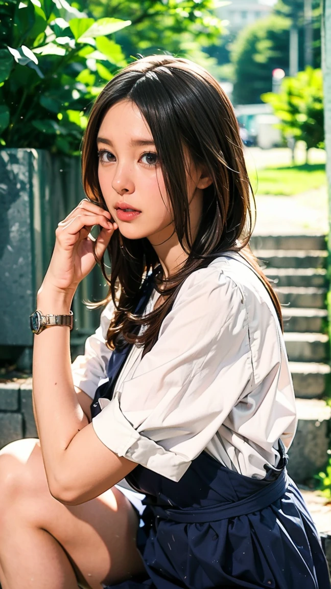 film grain , film overlay , profetional lighting,Professional effectasutepiece: 1.3), (max resolution: 1.2), (Ultra HDTV: 1.2),octanerender, Fujifilm X100, Intense cinematic shots, Shallow depth of field, Volumetric lighting, kintsugi,(8K、Raw photography、​masterpiece:1.4)、(realisitic、Photorealsitic:1.37)、Shot with CineStill 800T、(Extreme top quality:1.3)、((depth of fields:))、absurderes、(super high resolution、extremery detailed CG、hight resolution、realisitic、ultra-detailliert、a picture、A hyper-realistic、ultra-detailliert、Cinematic atmosphere、8K UHD、insanely detaileda、trending on artstationh、awardwinning photo、extremely detailed photo、hight resolution:1.5), Beautiful details sparkle ,Perfect Proportions, Limited to one woman, BREAK accurate, Anatomically correct, Highly detailed face and skin texture, drawn in detail, Highly detailed facial and skin texture, Detailed eyes, beautiful hair, Beautiful Japanese Idol face, Beautiful and beautiful eyes, Beautiful body, Beautiful breasts, Beautiful thighs, Beautiful legs, Beautiful fingers, (Beautiful views) , skinny body, eight-headed body, ((Beautiful Skin)), ((Skin Texture)) BREAK breast enlarged, large Breasts, perky tits, (blush, : Archaic smile:1.3, pink cheek, Double eyelids, Thin eyebrows, Glitter Eyeliner:1 Natural cheeks, Glossy skin, Fair skin:1.2, (Glossy lips:1.4, shiny lips: 1.4 ), high school student, Attractive adult woman , anime gyaru) , twin braid, Long Hair, Striped Hair, Hair Intake, Inner hair color, BREAK casual fashion, nail art, necklace, Bridal Ring, wearing a watch BREAK (((sitting on steps , Running hand through hair, from front, from below, upper body Shot, long shot, looking at viewer , ((rural riverside))
