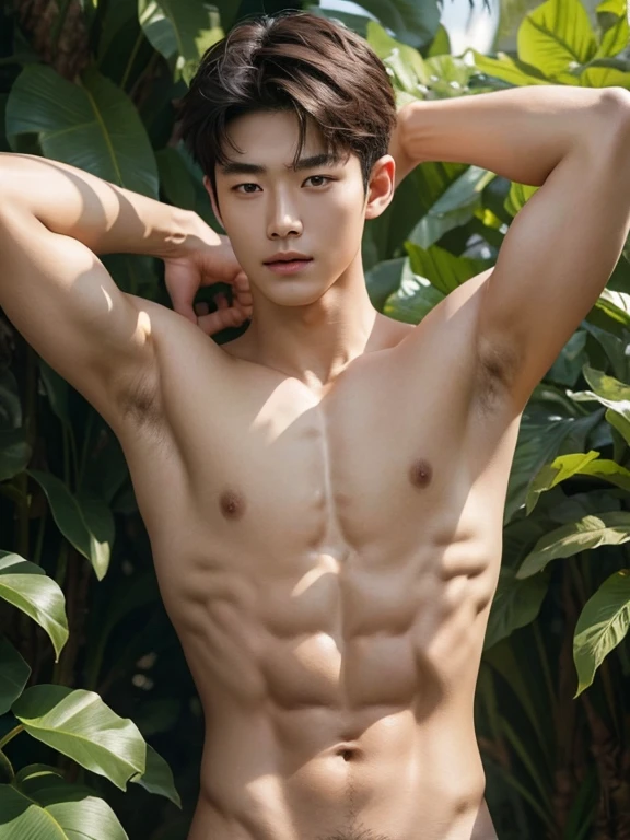 a naked man, Nature during the day、Hide the crotch with leaves、 shirtless , realistic handsome Korean face , modest muscles , masterpiece、A high resolution、hyperrealism、detailed face、solo、a men、glowing skin、(Asian)、(young、teenager)、Handsome、detailed background