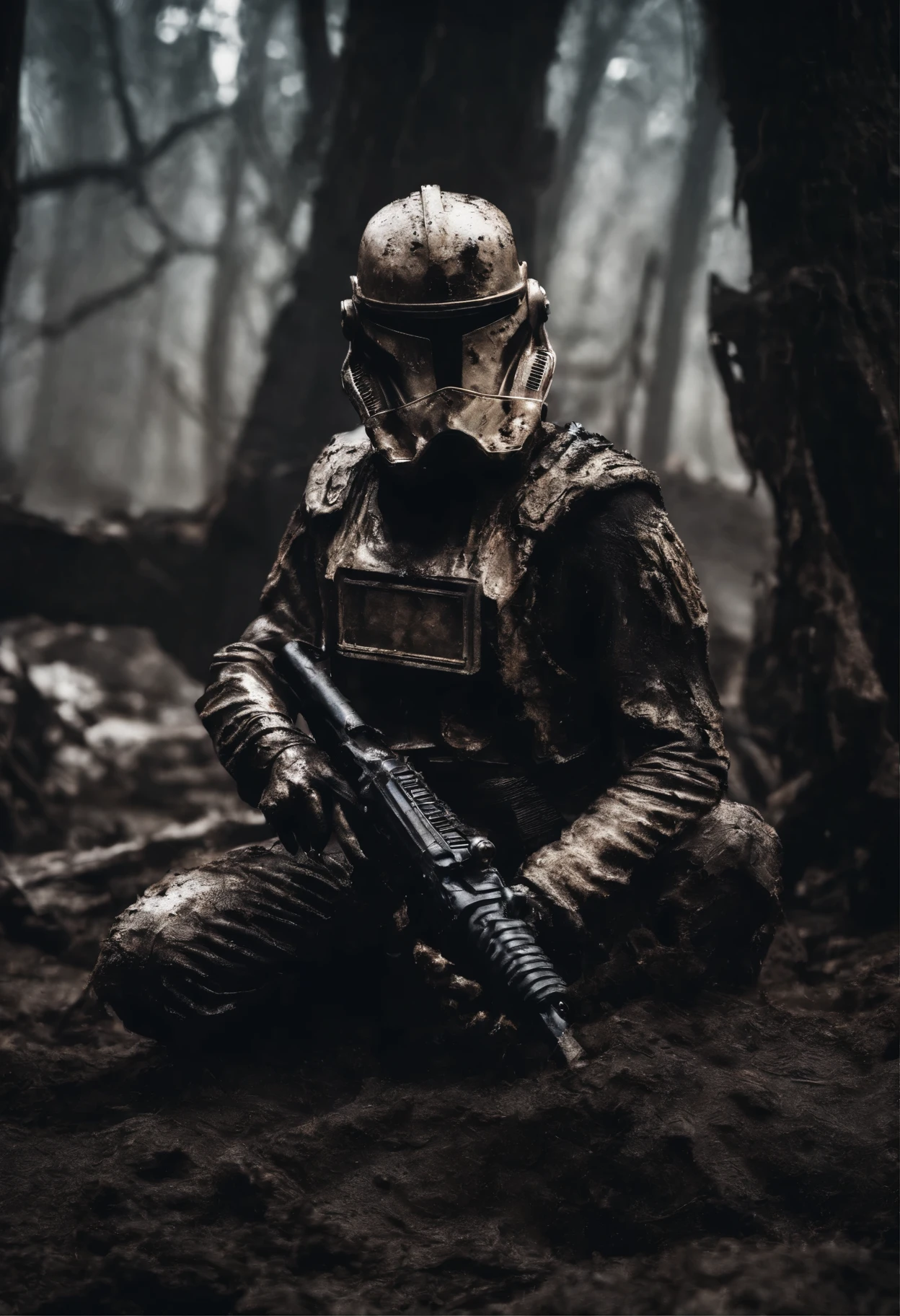 breathtaking cinematic science fiction photo of a portrait of a non human masked Grim dressed as a scout trooper covered in mud, body full glowing metrics in the armour, glowing eyes, l metallic arms, standing in front of a destroyed empire , daylight, extremely menacing creature, highly detailed, award-winning