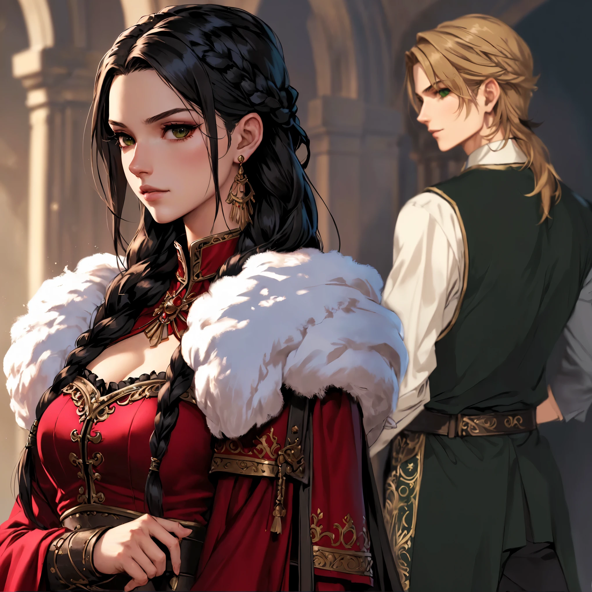 anime image of a woman in a red dress and a man in a green vest, bowwater style, beautiful androgynous prince, very detailed exquisite fanart, Edmund Blair and Charlie Bowater, Sakimichan and Frank Franzzeta, WLOP and Sakimichan, Ali Fall and Artgerm, epic exquisite character art