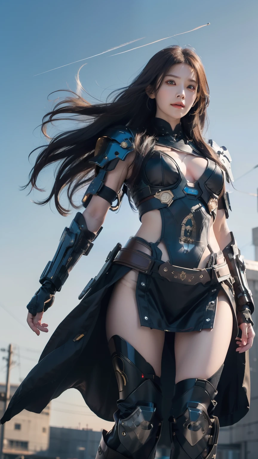 ((Best quality, 8k, RAW photo, Masterpiece :1.3)), (realistic、Photoreal:1.37)、Super detailed、super high resolution, (professional lighting), alone, 1 woman, solo, see the beholder, (30 years old), , beautiful and detailed face, happy smile, narrow, shining eyes, (slim waist :1.3), Fine and beautiful skin, skin texture, professional lighting, as a whole human body,(Combination of cyberpunk and fantasy style),(female soldier),25 year old woman,Japanese、(long straight hair, brown hair), (windy:1.3), (floating hair:1.3), brown eyes、small breasts,(red eye chest), accessories,gentle smile,elegant and attractive,Calm,(Combining cyberpunk and fantasy style clothing,openwork design,joint armor),Feet exposed, Raw skin exposed in cleavage, Battle uniform navel pose,photo pose,realistic style,blue world background,oc rendering reflection texture,View Camera, ((sky seen from below:1.2)),((looking down:1.2)),looking at viewer, look at viewer