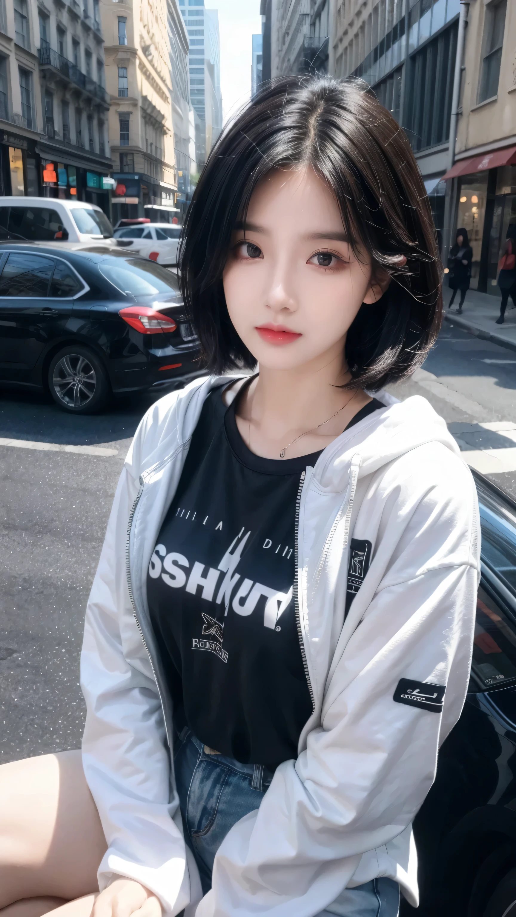 best quality, 1 Girl, dark blue hair, black eyes, Very short hair, Spiky hair, t-shirt, white jacket , High waist short, 171 cm, Messy hair, Hair between the eyes, Medium breasts, full, Tomboy, aldult, 20 years old, 1 Girl near classic car