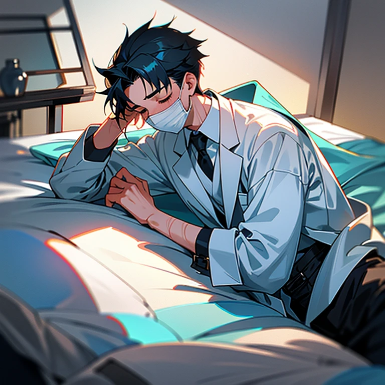 Handsome10A boy about 18 years old has an infectious disease and looks in pain. He is wearing a white mask. He has a high fever. He is sleeping. He is coughing. He is exhausted. He is taking his temperature with a thermometer. He is dying. He has a cooling gel sheet on his forehead.