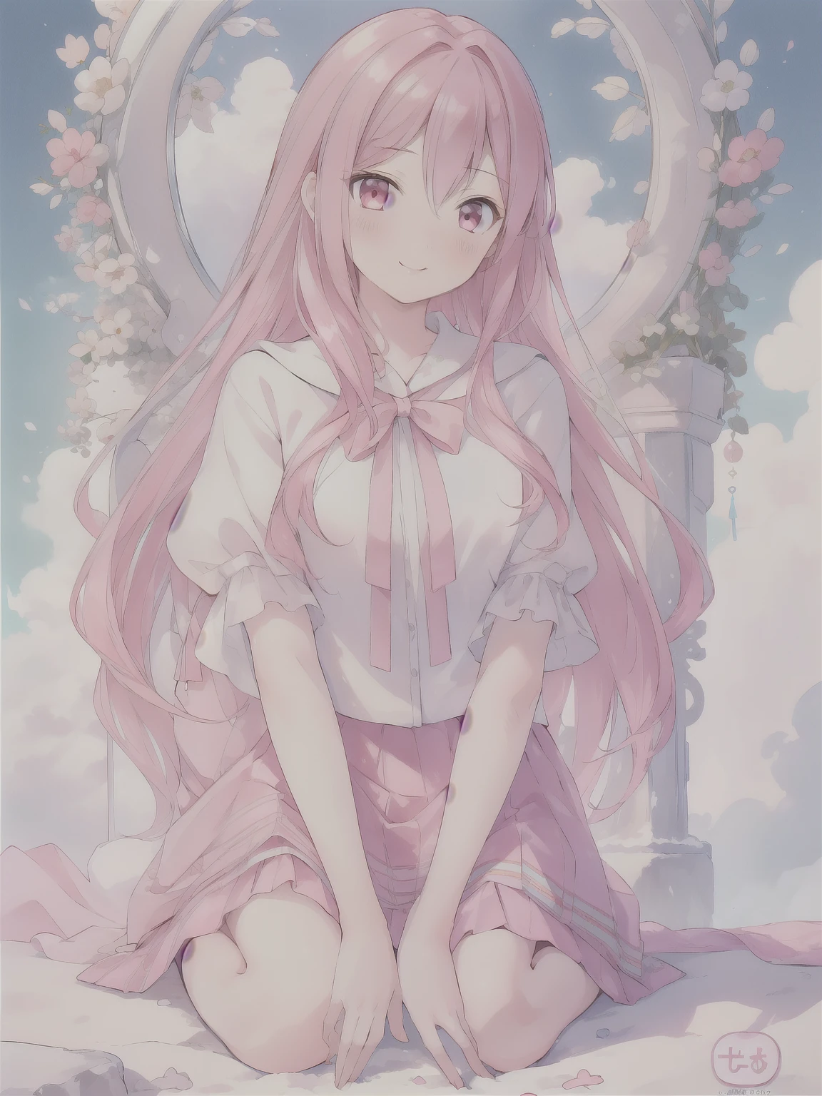 ((masterpiece)), (highest quality), (Very detailed), (Beautiful illustrations),
Outdoor, adult，23 years old，
Pink Hair,Long Hair,Pink Skirt,
alone,  blush,smile，smile，Private Server，
Kneel, Face Focus, Face close-up, poker face, fist