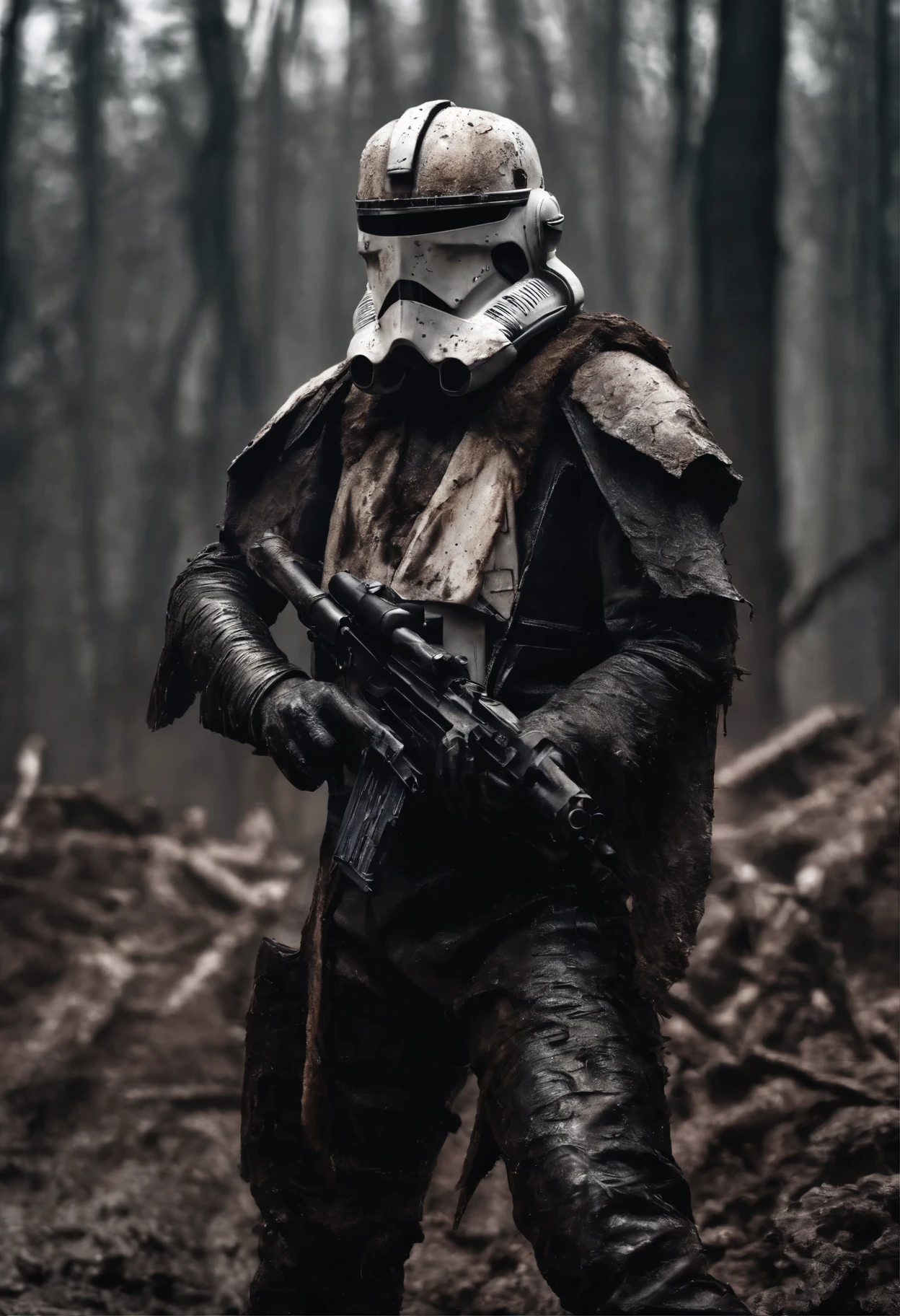 breathtaking cinematic science fiction photo of a portrait of a non human masked Grim dressed as a scout trooper covered in mud, body full glowing metrics in the armour, glowing eyes, l metallic arms, standing in front of a destroyed empire , daylight, extremely menacing creature, highly detailed, award-winning