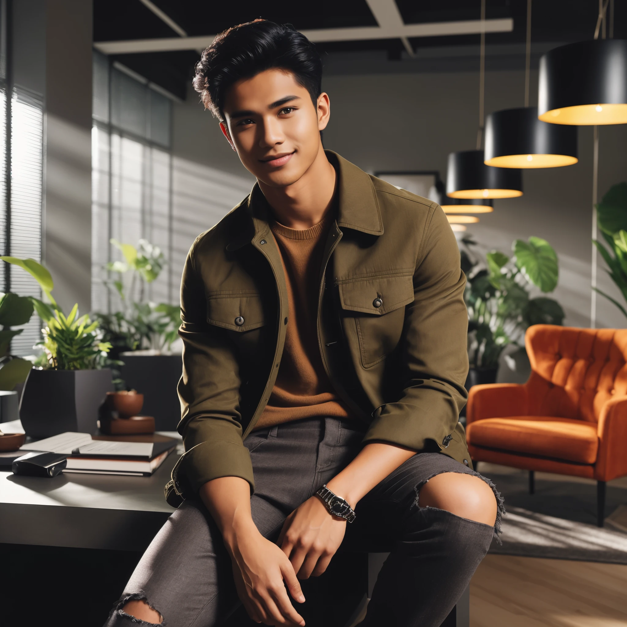 full body professional photography of a young, handsome indonesian man with a charming body and a slight smile, natural makeup, wearing a modern, trendy olive jacket and ripped knee-length pants, posing casually sitting in a luxurious workspace with dramatic lighting, surrounded by plants and modern furniture, ultra-realistic, high definition, with adjusted contrast, saturation, and bright colors, resembling a photo taken with a Sony 7000D camera