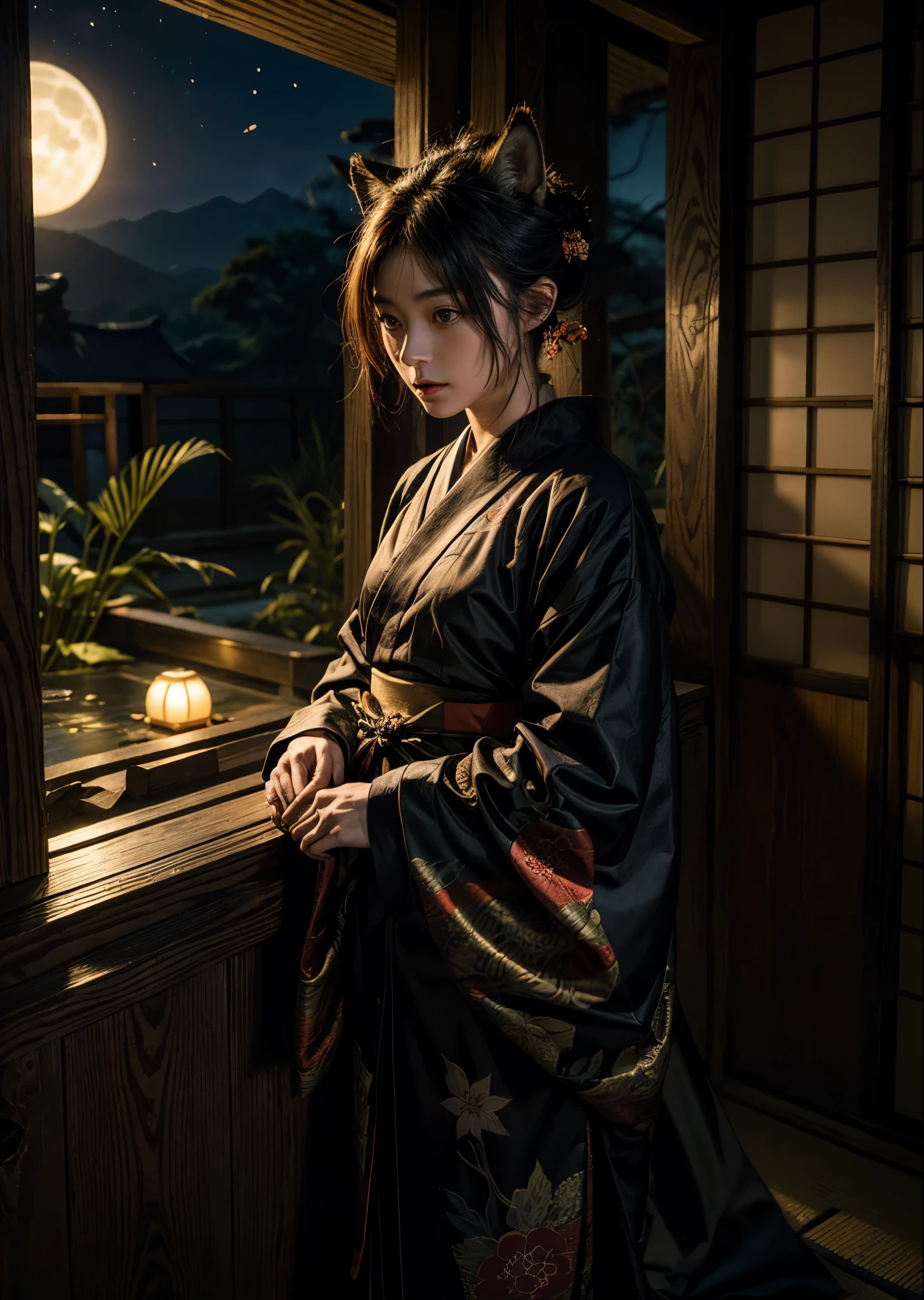 A fox monster dressed in an old Japanese samurai kimono、Ruined Shrine、Moonlit Night、lush vegetation、Like a movie、8K、16K、Detailed
