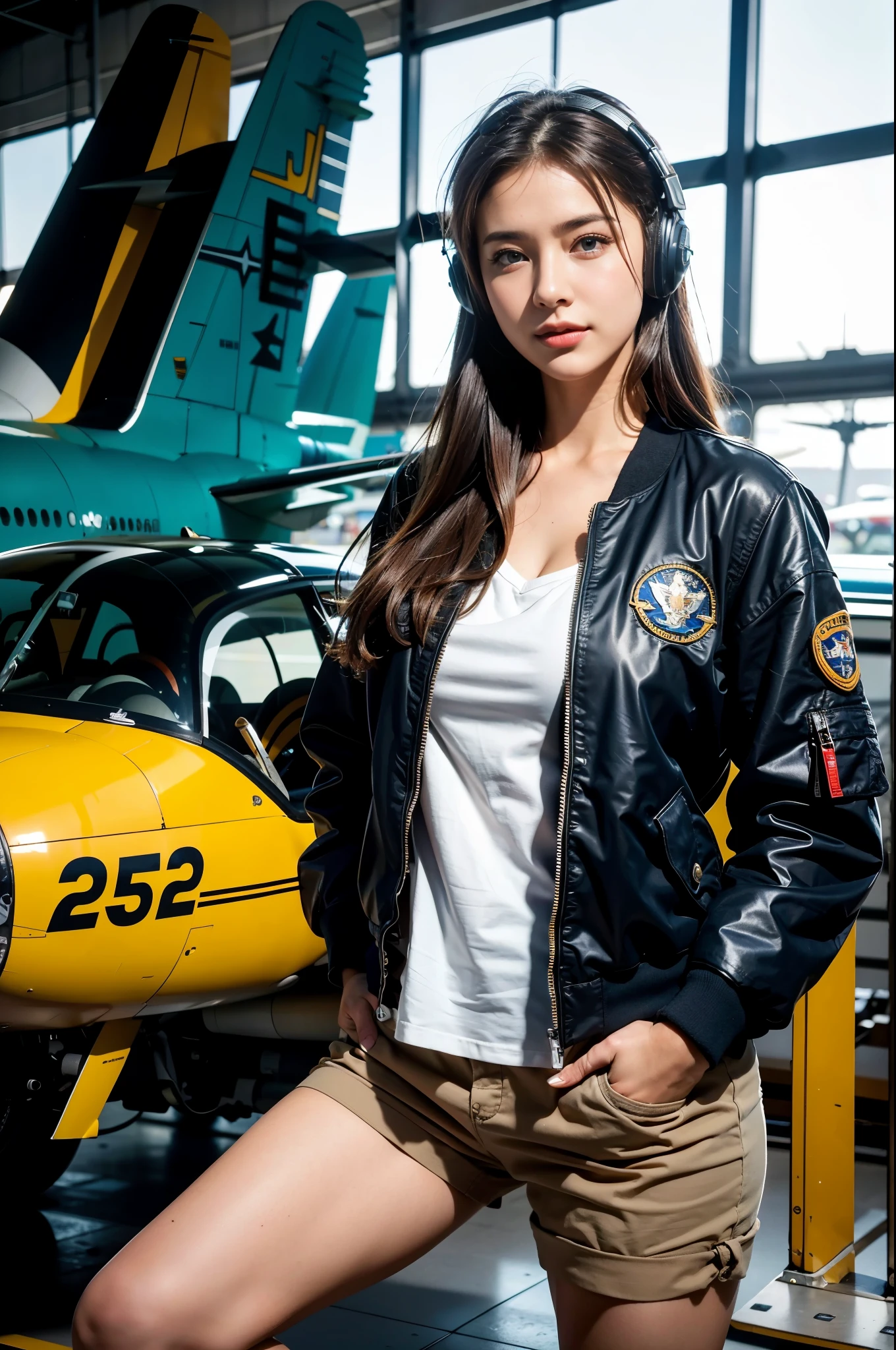 Best quality, ((insanely Realistic RAW photo)), professional photograph, intricate composition, an extremely delicate and beautiful, ultra high res, professional natural lighting and shading, ((Realistic image of a extremely pretty female Aircraft mechanic, solo)), Inside a spacious Aircraft hangar, Vintage airplanes of the World War II era line the background, (Wearing a MA-1 Flight Jacket), (Wearing a headset), (wearing short pants), faint smile, She does aircraft maintenance, very professional mechanic, ((extremely beautifully detailed eyes and face)), ((insanely beautiful natural skin texture)), (Accurate eyes), Accurate hands, Well-balanced overall body