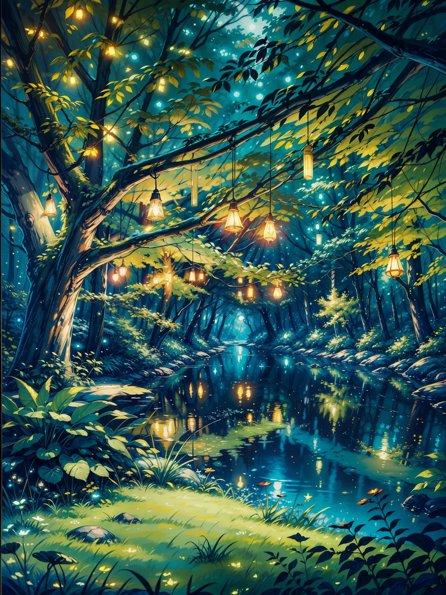 a painting of a tree with lights hanging from it's branches, luminescent oil painting, vibrant gouache painting scenery, nighttime nature landscape, golden orbs and fireflies, dim painterly lighting aquatic, firefly forest at night, lothlorien at night, magical forest with fireflies, blue fireflies, intricate oil pastel glow, glowing fireflies