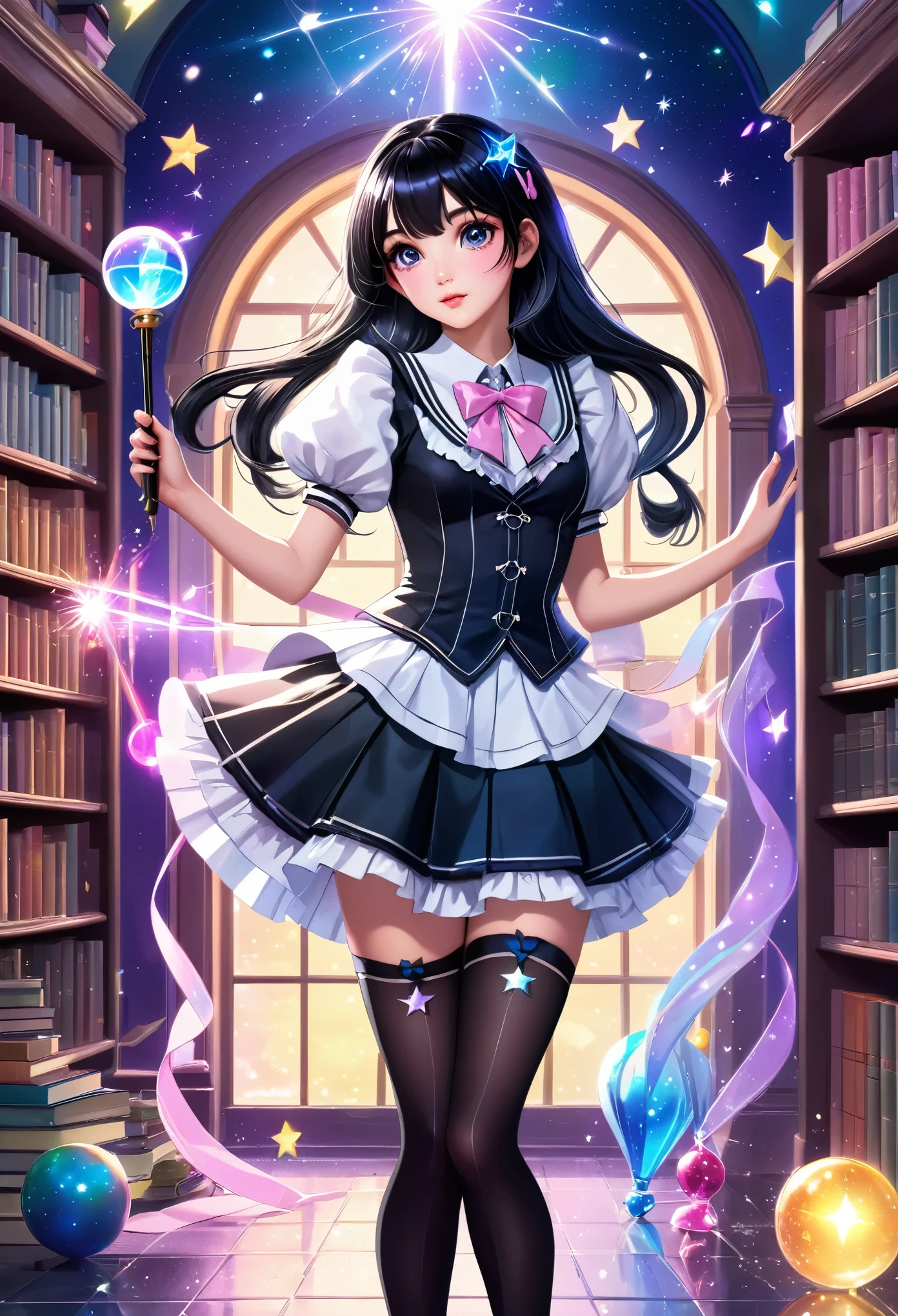 (best quality,4k,8k,highres,masterpiece:1.2),ultra-detailed,(realistic,photorealistic,photo-realistic:1.37), fantasy setting, Magic school, (1girl), high school boy magically transformed into a cute school girl, long black hair, fair skin, colorful lighting,fantasy world,pink eyes,gender bending,cute school girl fashion,dressed in a fantasy girl’s uniform with corset,a ribbon tie and knee-length skirt, petticoat,puffy sleeves, black stockings and mary jane shoes, feminine outfit,holding a magic wand,sparkling magic,female transformation spell,magical aura,mirror reflection,amazed expression,fantastical scenery,enchanted school environment,bookshelf filled with magical books,textbooks with floating letters,hairstyling tools,sparkles raining down,sparkling stars,soft and pastel colors,expressive facial features,happy and confident poses,wonder and surprise in the eyes,lively and dynamic composition,shimmering and glowing effects,enchanted ,eye-catching accessories,beautifully detailed lips,school bag with magical elements,subtle surreal elements,life-changing moment