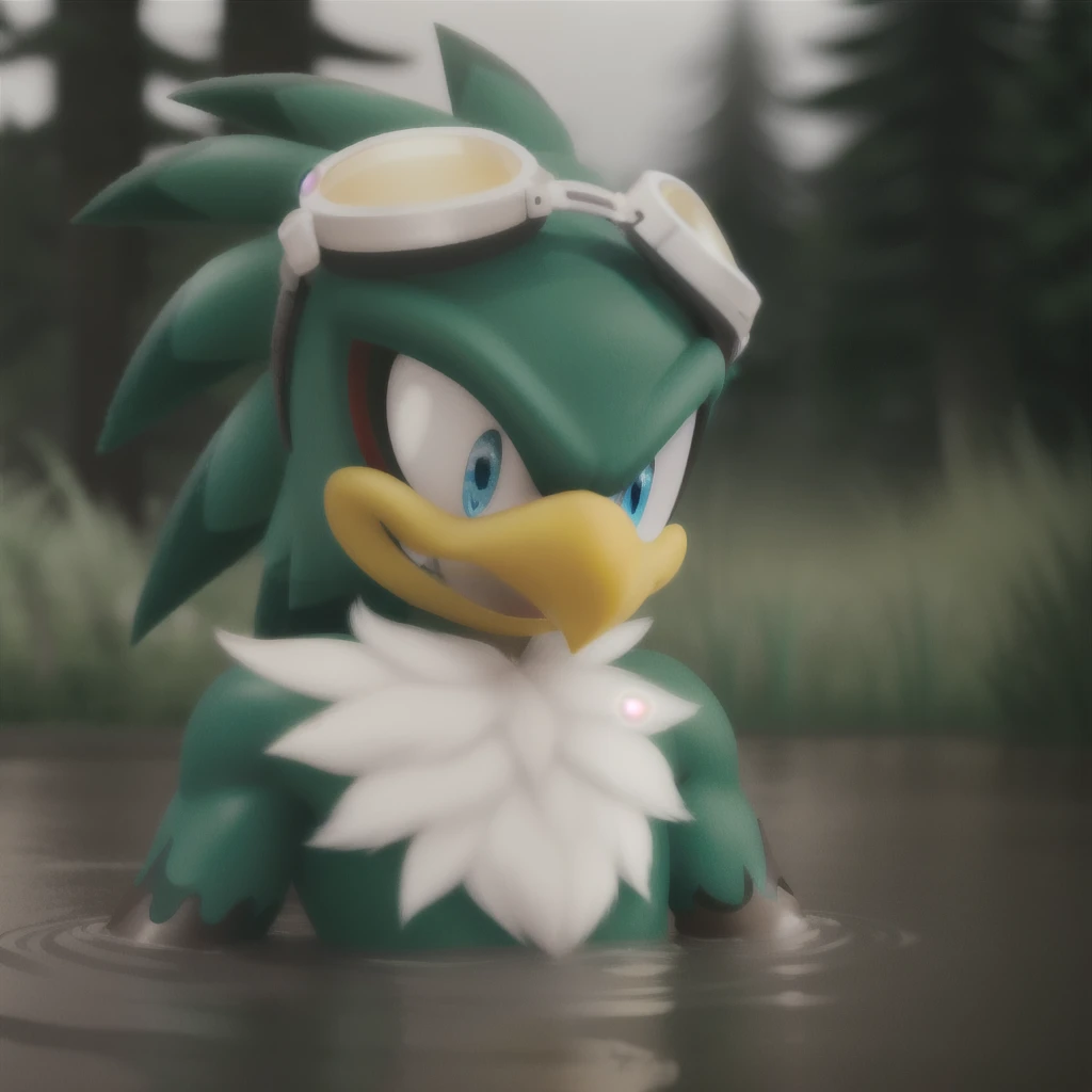 jetthehawk, furry male anthro, bird boy, portrait, solo, (best quality), (detailed fluffy feathers:1.1), goggles, muscular, grin, partially submerged, chocolate forest, melted chocolate, brown melted chocolate, 3D Render, colourful, (beautiful), (masterpiece), cinematic CGI screenshot