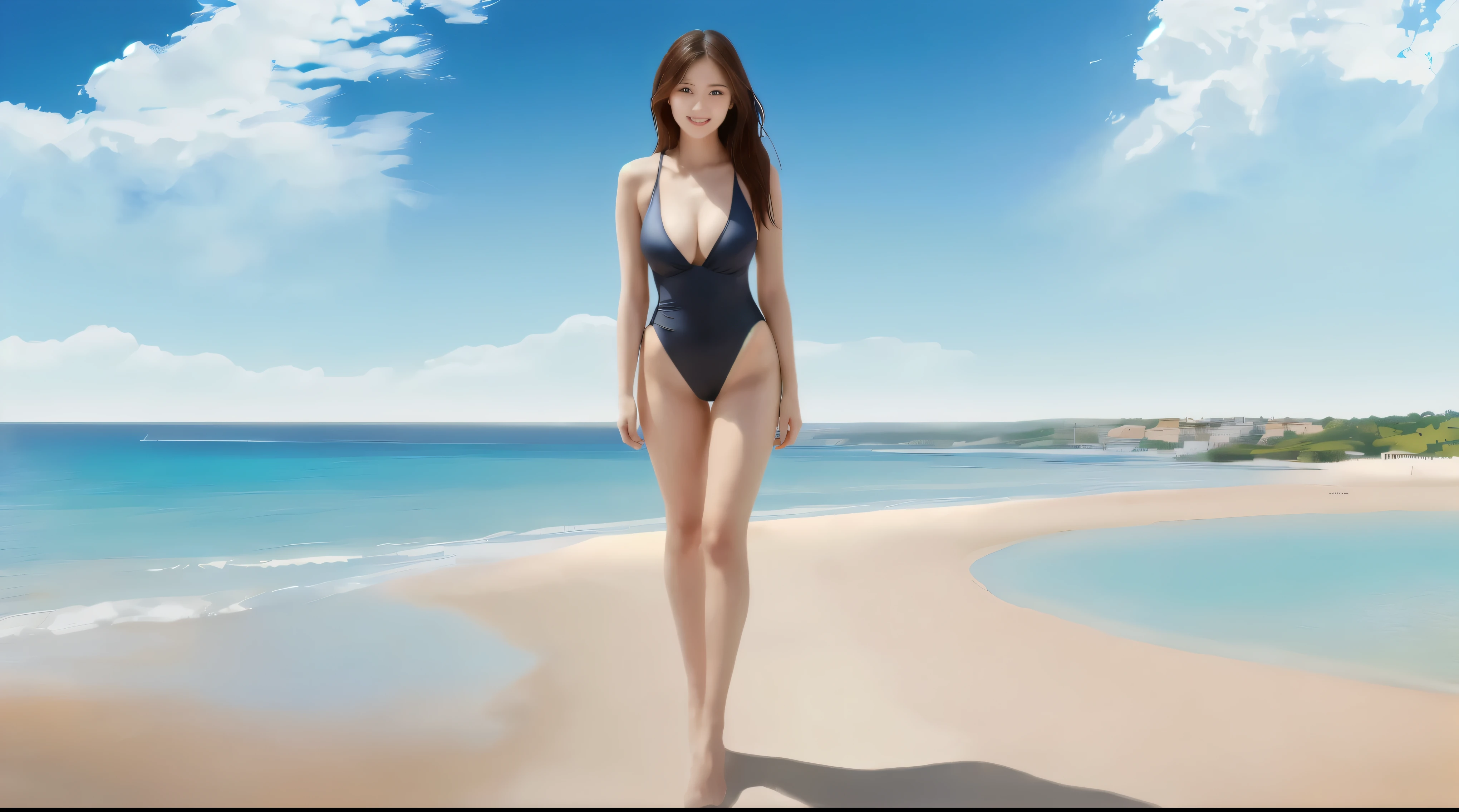 there is a woman in a black swimsuit standing on a beach, is wearing a swimsuit, swimsuit, hot with shining sun, photorealistic perfect body, beautiful south korean woman, realistic bikini, gorgeous young korean woman, cute girl wearing tank suit, korean girl, on a sunny beach, swimsuit model, beautiful young korean woman, korean woman, in the beach, wet swimsuit