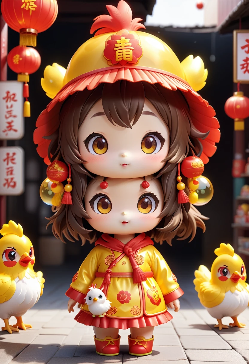 Wearing a Chinese chicken hat, super cute girl, Bright Eyes, Bubble Mart Blind Box, 3d rendering,hairy