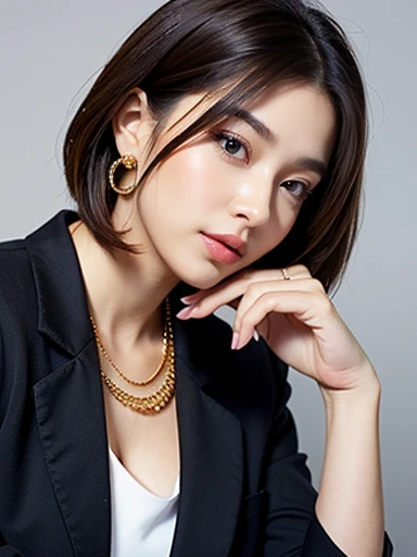 A digital illustration of a woman with shoulder-length brown hair, wearing a black jacket over a white floral blouse. She has a gold necklace with a small pendant and gold earrings. She is turned slightly to the side with her face looking forward. She is gesturing with one hand as if explaining something. The name tag on her jacket reads 'LALA'. The woman has fair skin, thinner lips, gentle eyes, and a larger chest. The style is similar to modern digital art with clean lines and soft shading.