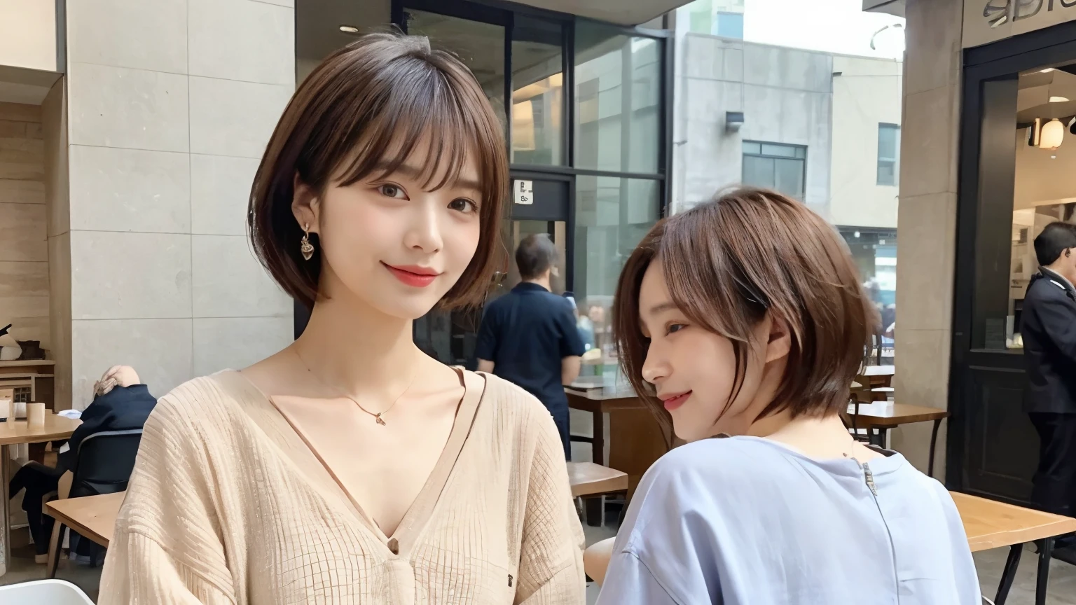 super high quality, Short Hair, Slender, Gravure photoshoot, The staff is working at the counter in the back., (8k、RAW Photos、highest quality、masterpiece:1.2), Shaggy, Stylish café, The cafe is crowded with people enjoying themselves., (Realistic、Photorealistic:1.37), Mesh Hair, Urban Cafe, Golden Ratio, Raw photo, Light Brown Hair, Earrings, Small breasts, Bright cafe interior, Beauty salon model, Spring Clothes, Famous actress, Beauty, necklace, Cafe Terrace, Open Cafe, 28 years old, A kind smile, Hair blowing in the wind, Neat clothes, 
