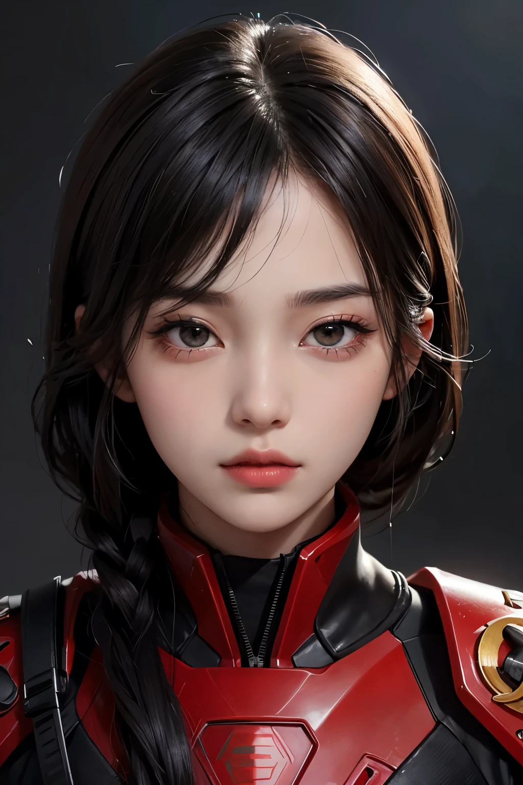 One beautiful woman。Detailed drawing of faces。Beautiful double eyelids。Straight nose。Well-shaped lips。Black Hair。Twenty years old。He has a serious expression on his face.。She wears a red combat suit、Carrying a large gun。She&#39;s standing in a wilderness that reminds me of Marasterpiece