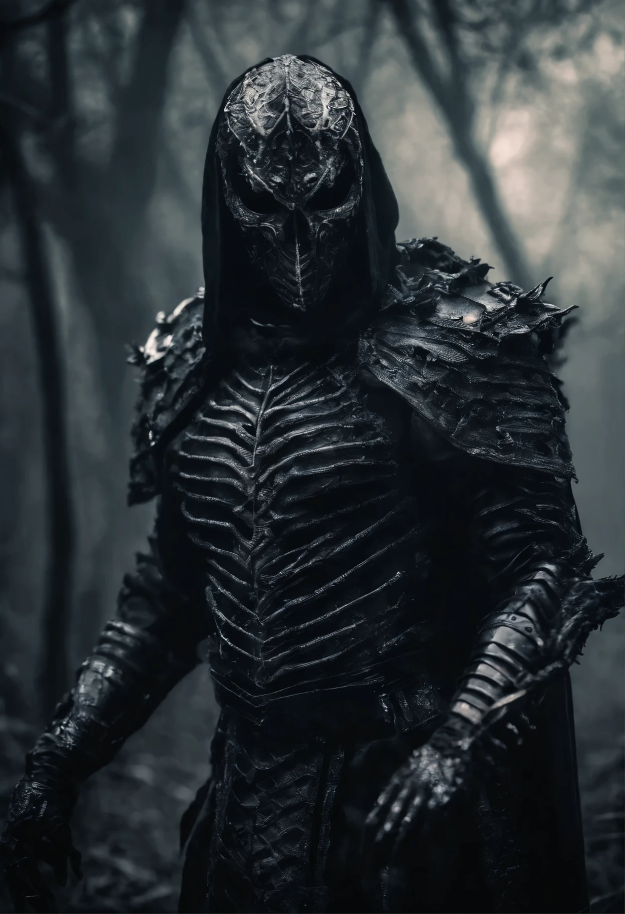 breathtaking cinematic science fiction photo of a portrait of a non human masked Grim dressed as a smokey predator in , body full glowing metrics in the armour, glowing eyes, l metallic arms, standing in the middle of a foggy place, daylight, extremely menacing creature, highly detailed, award-winning