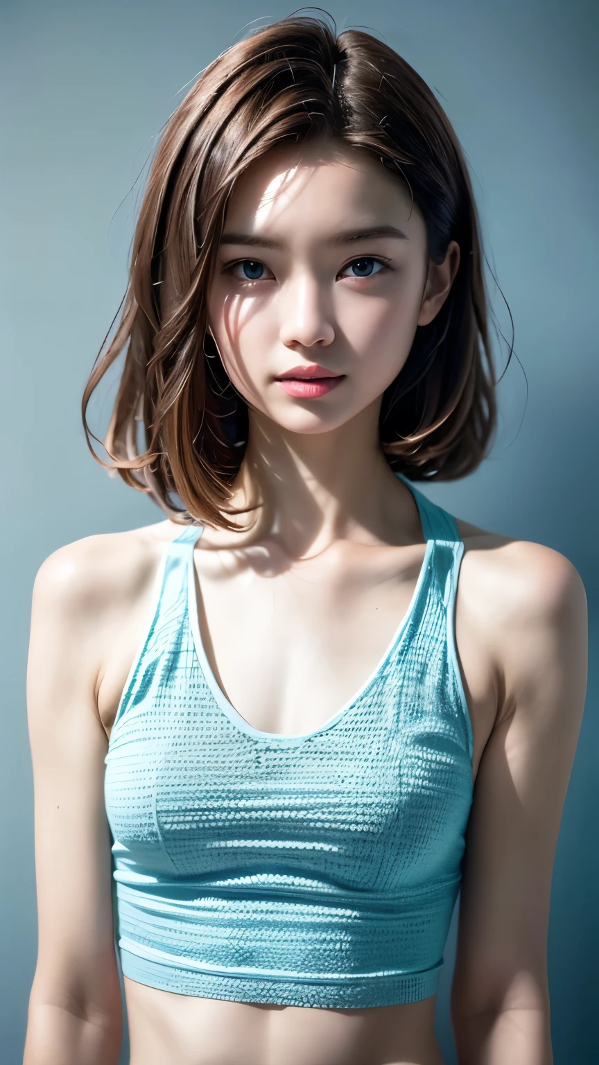 (masterpiece, highest quality:1.2), 8k, Absurd, (Upper Body:1.2), violet, Gardenia, beautiful girl, (Pretty face, Detailed face:1.2), (Crochet Halter Tank Top:1.2), View your viewers, Film Grain, chromatic aberration, Sharp focus, High resolution, Face Light, (Simple Background, Dull Blue Background:1.3)