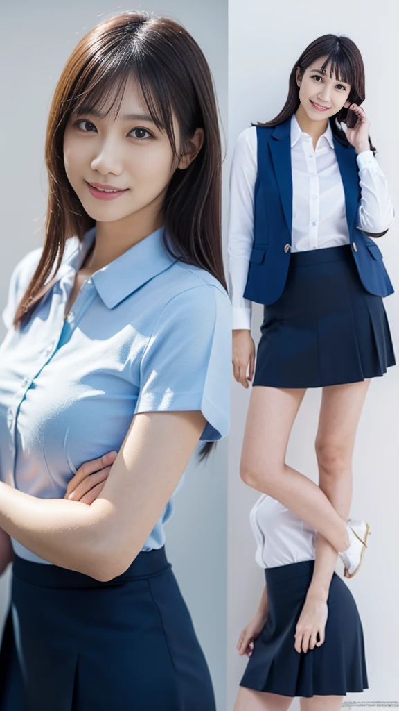 ((1 girl)), (Wear a navy blue tight skirt:1.2), Very beautiful Japanese idol portraits, (RAW Photos, highest quality), (Realistic, Realistic:1.4), (masterpiece), Very delicate and beautiful, Very detailed, 2k wallpaper, wonderful, finely, Very detailed CG Unity 8K 壁紙, Very detailed, High resolution, Soft Light, Beautiful detailed girl, Very detailed目と顔, Beautiful and detailed nose, finelyて美しい目, Cinema Lighting, (Simple light color background:1.3), (Long Hair), (Parted bangs), Complete Anatomy, Slender body, Small breasts, smile, ((Full body shot)), ((banker)), (business suit),(Panty lines),Sexy pose,Vibrant,((secretary)),