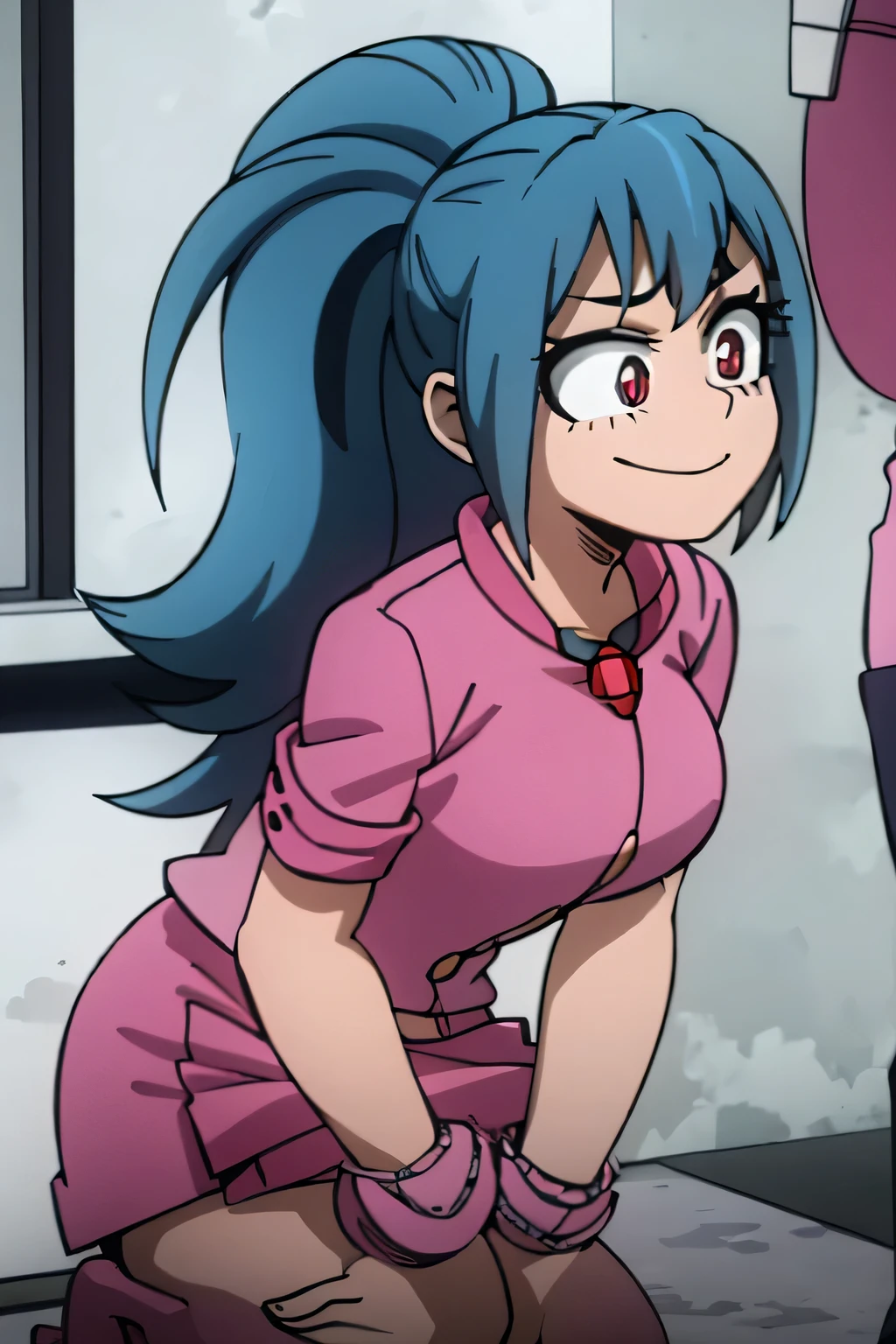 1 girl, big breasts, long hair, blue hair, ponytail, pink eyes, smile, pink jacket, red pendant, pink skirt, pink boots 