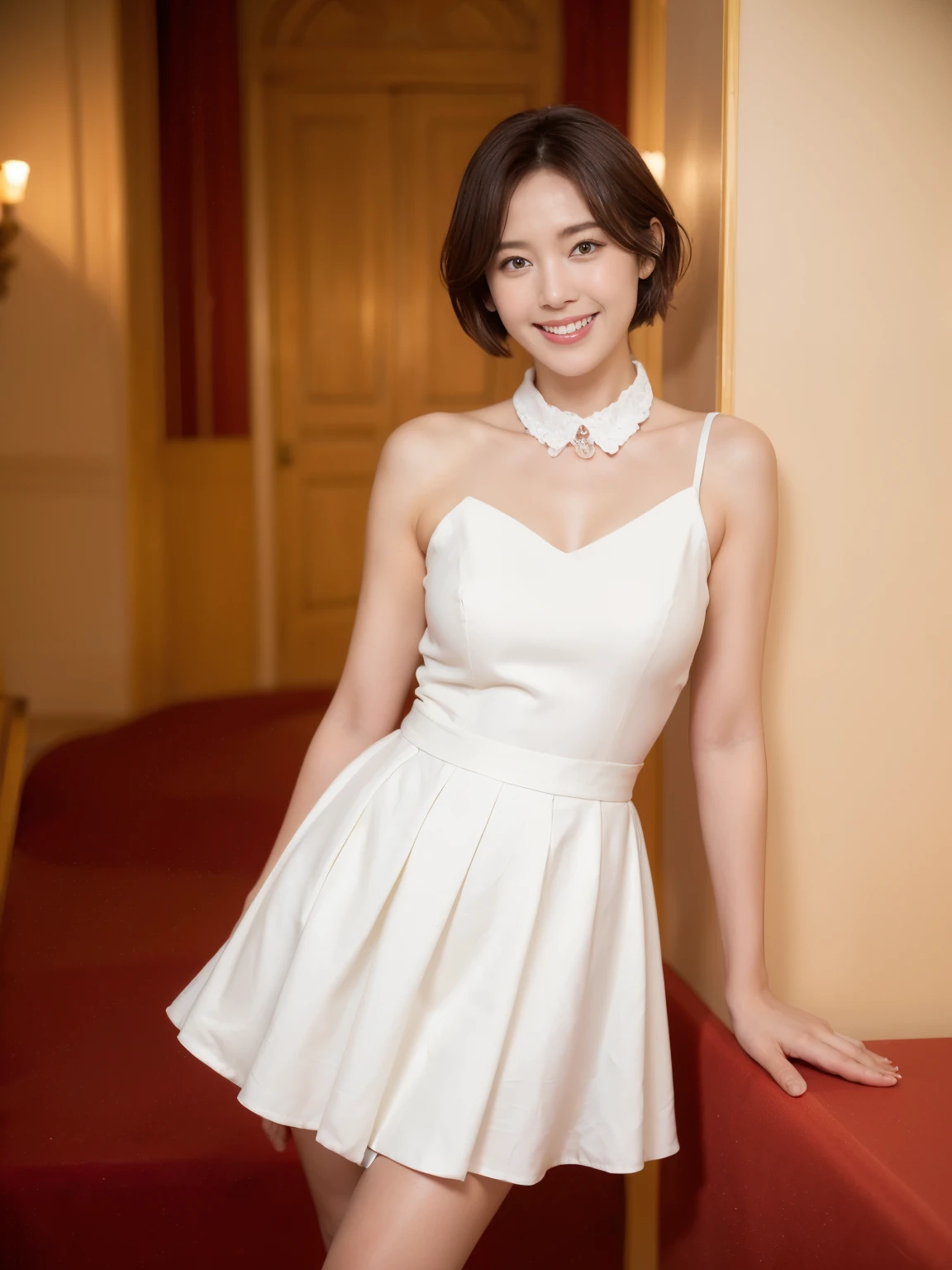 8k, Super detailed, highest quality, Textured skin, Anatomically correct, masterpiece , highest quality, Cinema Lighting, Use perspective throughout , Surrealism , ,(Realistic:1. 3),(RAW Photos) , Black Hair, light smile, short hair, Bobcut, Anaglyph, Stereogram, (Mature Woman:1), (38 years old), ((close:0.5)), Glare, double eyelid, Lip gloss, (smile:1), ((close your eyes:0.85)), Red Mouth, clavicle, ((View Viewer)), (short hair of reddish-brown color wet and shiny,), (The whole body is visible) , Slightly thick body type , Wide-eyed , Perfect round eyes , Fine texture ,(Inside a luxury boutique:1.5)、(Wearing a formal white dress:1.5)、(Dress with a frilly collar:1.5)、(Knee-length skirt:1.5)、(smile:1.3)、(Observe the audience:1.2)、(Full body photo:1.5)、(Black pumps:1.6)、Are standing