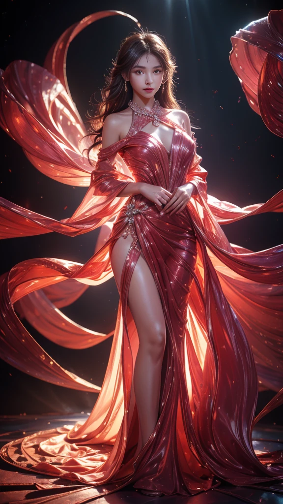 Full figure, seven -clinging shooting, 10 years teenage young,wearing transparent science fiction dress, exquisite faces, details, hands, ultimate details, amazing magnificence, LED internal lighting, Pedaipan style, fiber hair, glowing  floral red  iris, glowing floral red iris,standing ,hands on chest audience viewer