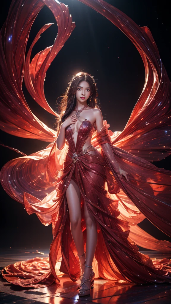 Full figure, seven -clinging shooting, 10 years teenage young,wearing transparent science fiction dress, exquisite faces, details, hands, ultimate details, amazing magnificence, LED internal lighting, Pedaipan style, fiber hair, glowing  floral red  iris, glowing floral red iris,standing ,hands on chest audience viewer