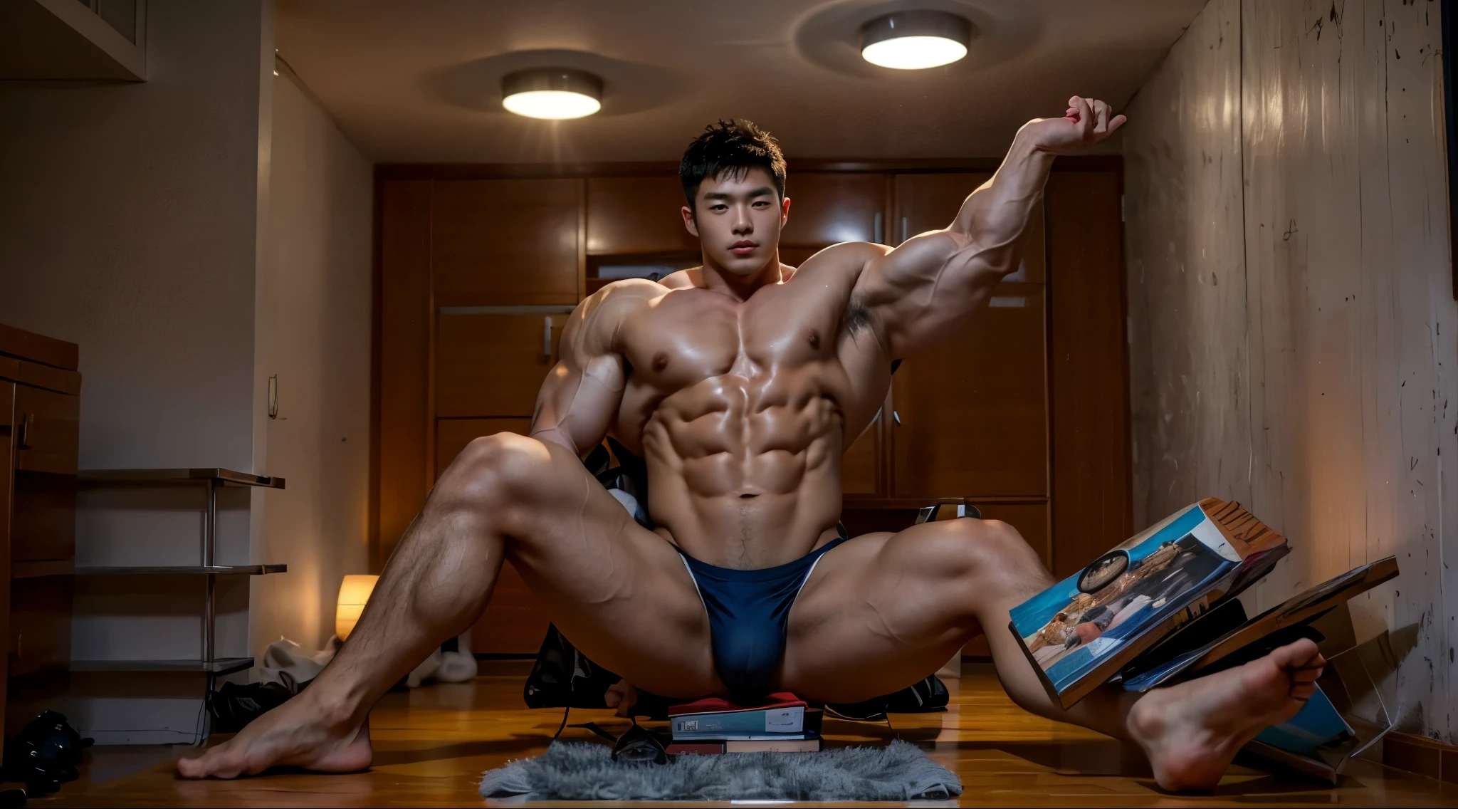 (masterpiece), ((cute korean guy:1.4)), a giant asian guy, handsome korean guy, wearing tight brief, ((wearing brief)), (massive pec muscles:1.3), very big muscles, massive muscles, (giant man inside of a room:1.2), ((big bulge)), perfect hands, muscles, abs, hd, 8k, perspective, small room,