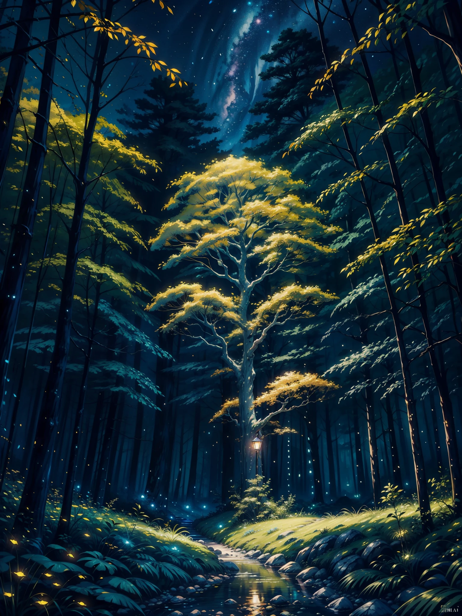 a painting of a tree with lights hanging from it's branches, luminescent oil painting, vibrant gouache painting scenery, nighttime nature landscape, golden orbs and fireflies, dim painterly lighting aquatic, firefly forest at night, lothlorien at night, magical forest with fireflies, blue fireflies, intricate oil pastel glow, glowing fireflies