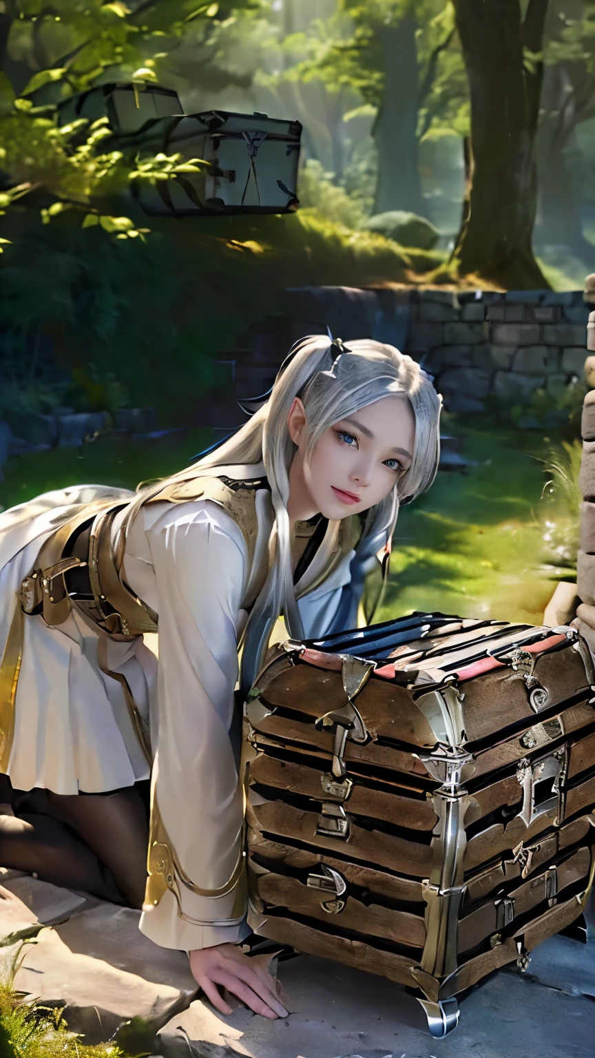 live-action, photo of, green eyes , A scene inspired by the manga 'Frieren: Beyond Journey's End', A hyper-realistic movie photograph of a , elven girl with long, smirking, ((silver hair styled in twin tails)). She is wearing a detailed, white and gold-trimmed uniform with a belt and dark stockings. She is bending over, ((looking at a giant treasure chest:1.5)). The background features a stone wall and some foliage, with sunlight casting dramatic shadows. The scene captures a sense of curiosity and surprise, reflecting a fantasy adventure setting.