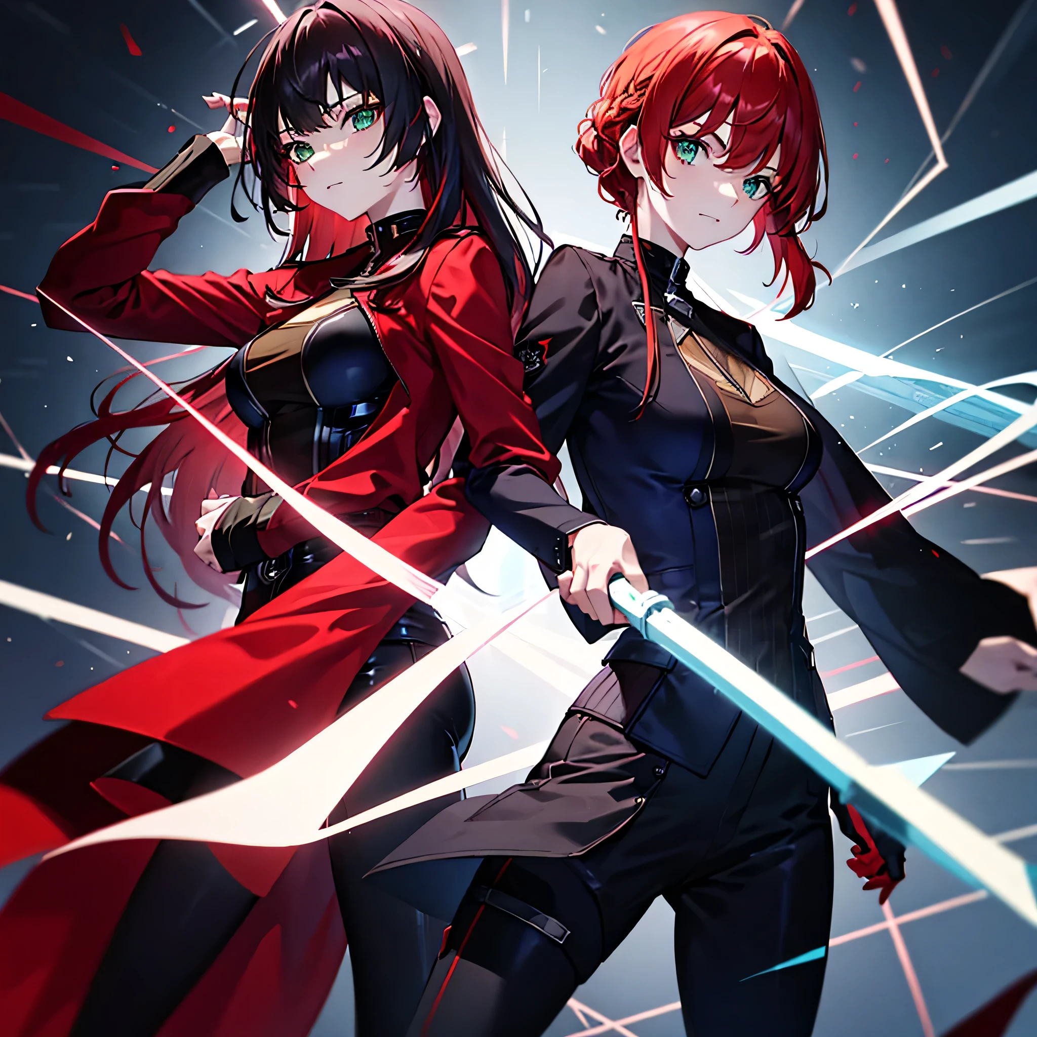 (two persons) Yelan. Red-haired woman with green eyes, long hair, a black blouse, a red jacket, and dark tight pants.