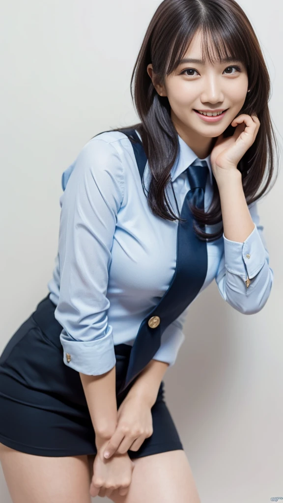 ((1 girl)), Very beautiful Japanese idol portraits, (RAW Photos, highest quality), (Realistic, Realistic:1.4), (masterpiece), Very delicate and beautiful, Very detailed, 2k wallpaper, wonderful, finely, Very detailed CG Unity 8K 壁紙, Very detailed, High resolution, Soft Light, Beautiful detailed girl, Very detailed目と顔, Beautiful and detailed nose, finelyて美しい目, Cinema Lighting, (Simple light color background:1.3), (Long Hair), (Parted bangs), Complete Anatomy, Slender body, Small breasts, smile, ((Full body shot)), ((banker)), (business suit),(Panty lines),Sexy pose,Vibrant,((secretary)),