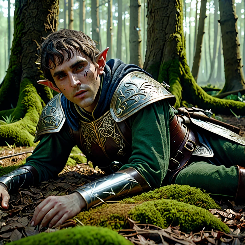 A wounded elfess, lying on the floor in forest, looks very enjoyable, war style, looks depressing, high quality, ultra-detailed, crazy details, 4K