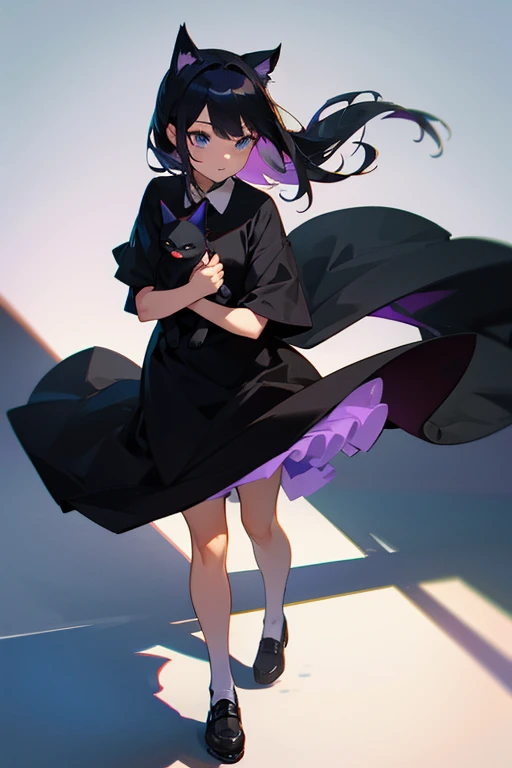 1 girl wearing a black dress,The eyes are purple,Holding a black cat,The light is hazy,best shadow,A high resolution,Need