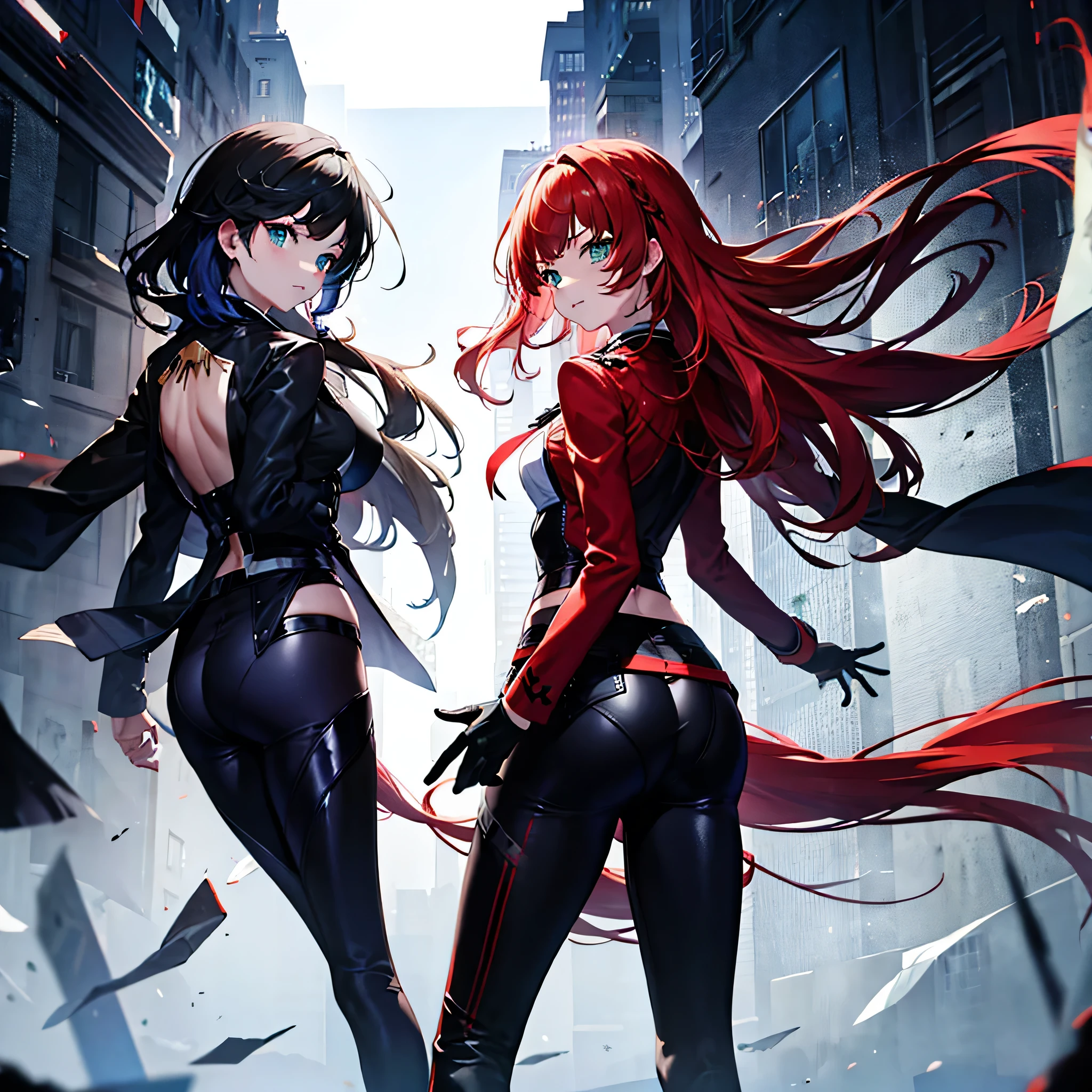 (two persons) Yelan and a Red-haired woman with green eyes, long hair, a black blouse, a red jacket, and dark tight pants. flirting