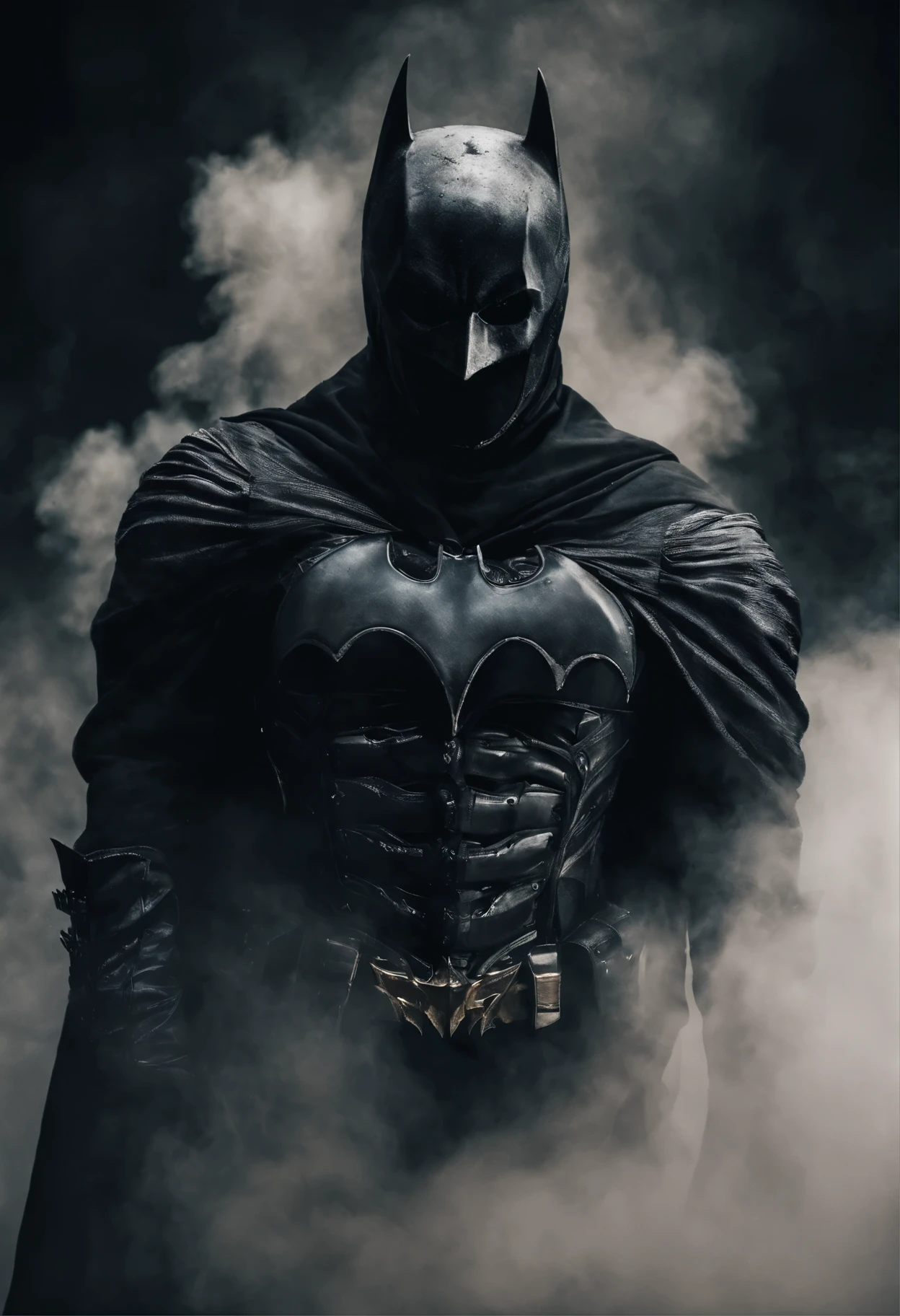 breathtaking cinematic science fiction photo of a portrait of a non human masked Grim dressed as a Futuristic Masked Batman with smoke coming out of the armour, body full glowing metrics in the armour, glowing eyes, standing in the middle of a foggy place, daylight, extremely menacing creature, highly detailed, award-winning