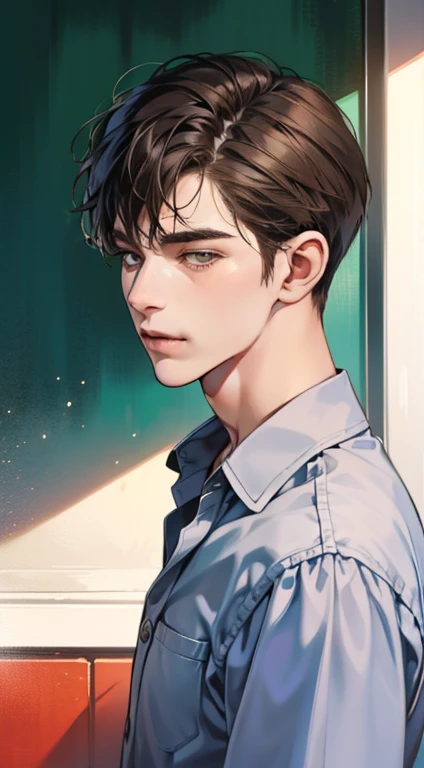 masterpiece, best quality, realistic, 1man, mature male, quiet and charming young man, 23 year old, a smirk, closed mouth, portrait, extremely detailed face, a little distant, ((dark eyes)), ((short-right-swept dark brown hair)), [thick eyebrows], ((shirt)), handsome, distant shot