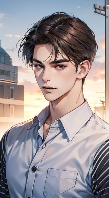 masterpiece, best quality, realistic, 1man, mature male, quiet and charming young man, 23 year old, a smirk, closed mouth, portrait, extremely detailed face, a little distant, ((dark eyes)), ((short-right-swept dark brown hair)), [thick eyebrows], ((shirt)), handsome, distant shot