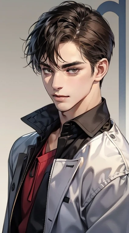 masterpiece, best quality, realistic, 1man, mature male, quiet and charming young man, 23 year old, a smirk, closed mouth, portrait, extremely detailed face, a little distant, ((dark eyes)), ((short-right-swept dark brown hair)), [thick eyebrows], ((shirt)), handsome, distant shot