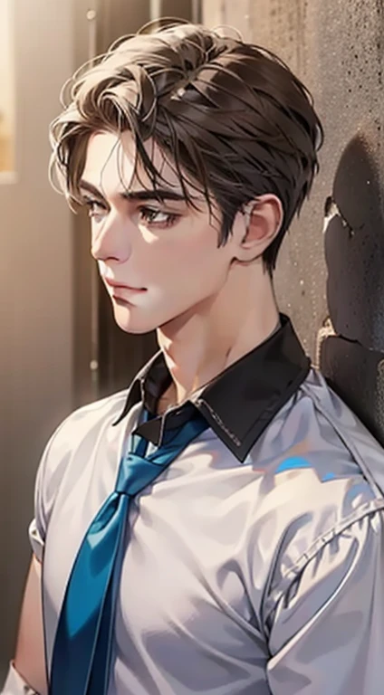 masterpiece, best quality, realistic, 1man, mature male, quiet and charming young man, 23 year old, a smirk, closed mouth, portrait, extremely detailed face, a little distant, ((dark eyes)), ((short-right-swept dark brown hair)), [thick eyebrows], ((shirt)), handsome, distant shot