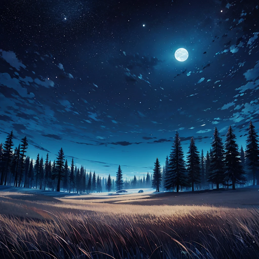 Canary night, montanhas distantes, pine trees, campo aberto e lugar amplo, flat land, animation style, 2D, animation,
