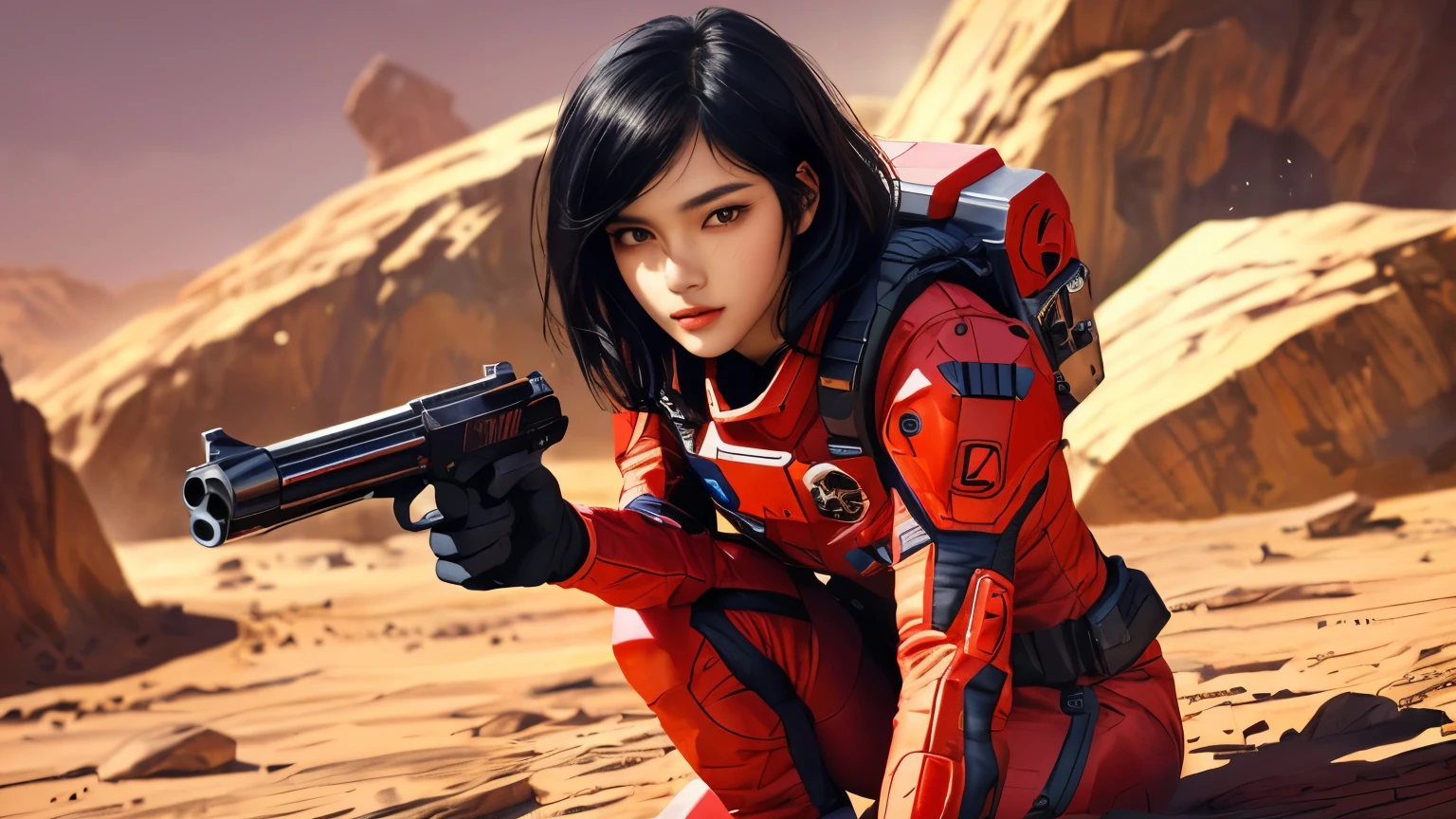 One beautiful woman。Detailed drawing of faces。Beautiful double eyelids。Straight nose。Well-shaped lips。Black Hair。Twenty years old。He has a serious expression on his face.。She wears a red combat suit、Carrying a large gun。She&#39;s standing in a wilderness that reminds me of Marasterpiece