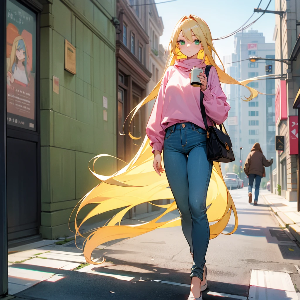 A girl with long blond hair and green eyes. In a pale pink sweatshirt and dark blue jeans. Drinks coffee from a cup. Standing on the street