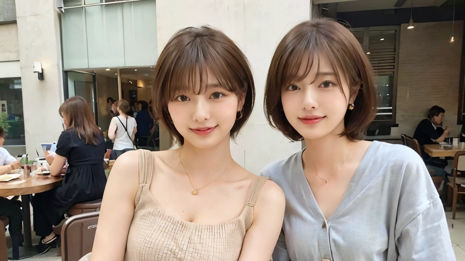 super high quality, Short Hair, Slender, Gravure photoshoot, The staff is working at the counter in the back., (8k、RAW Photos、highest quality、masterpiece:1.2), Shaggy, Stylish café, The cafe is crowded with people enjoying themselves., (Realistic、Photorealistic:1.37), Mesh Hair, Urban Cafe, Golden Ratio, Raw photo, Light Brown Hair, Earrings, Small breasts, Bright cafe interior, Beauty salon model, Spring Clothes, Famous actress, Beauty, necklace, Cafe Terrace, Open Cafe, 28 years old, A kind smile, Hair blowing in the wind, Neat clothes,